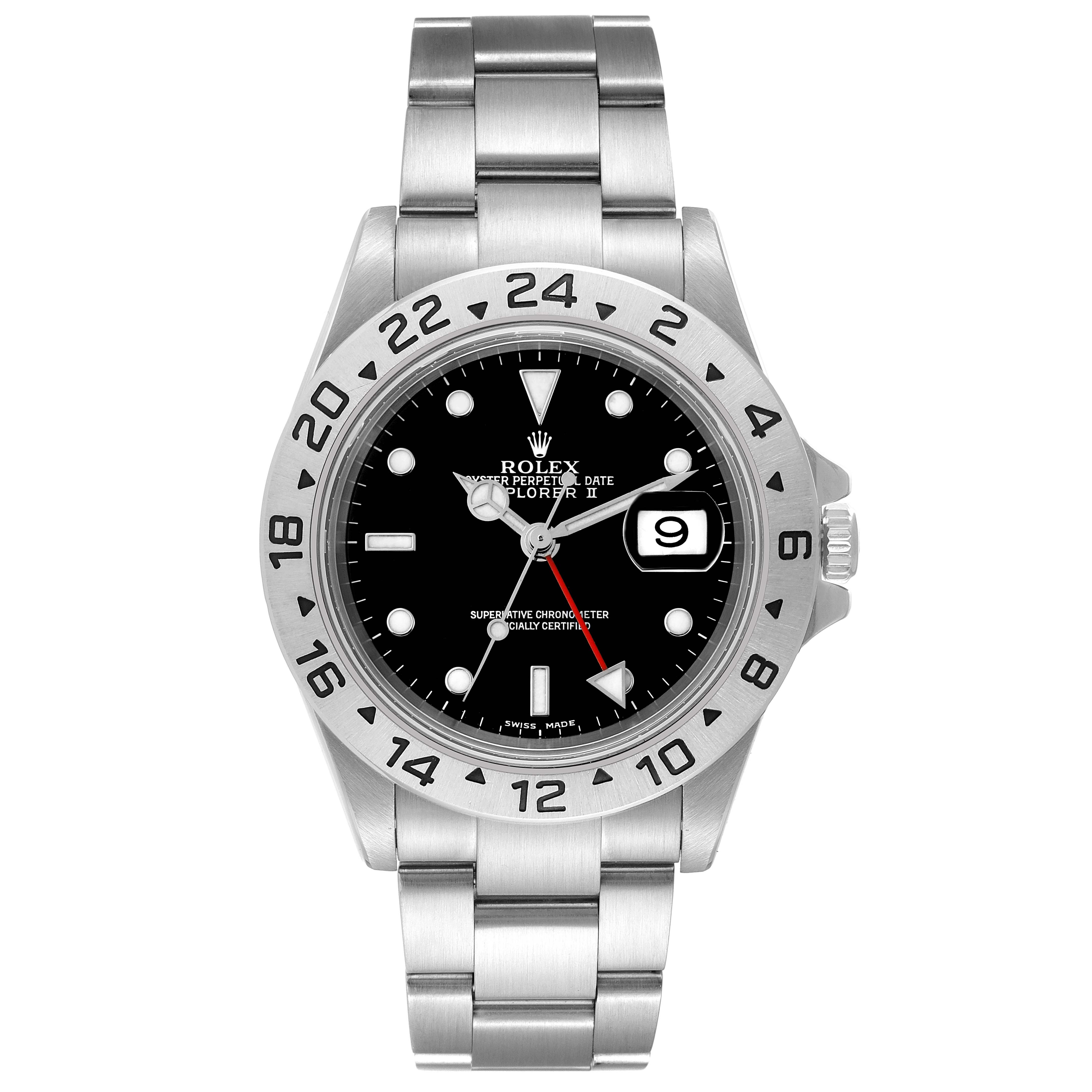 This image shows a front view of the Rolex Explorer 16570 Men's Stainless Steel Black Dial 16570 Men's Stainless Steel Black Dial watch, displaying the dial, bezel, hands, and bracelet.