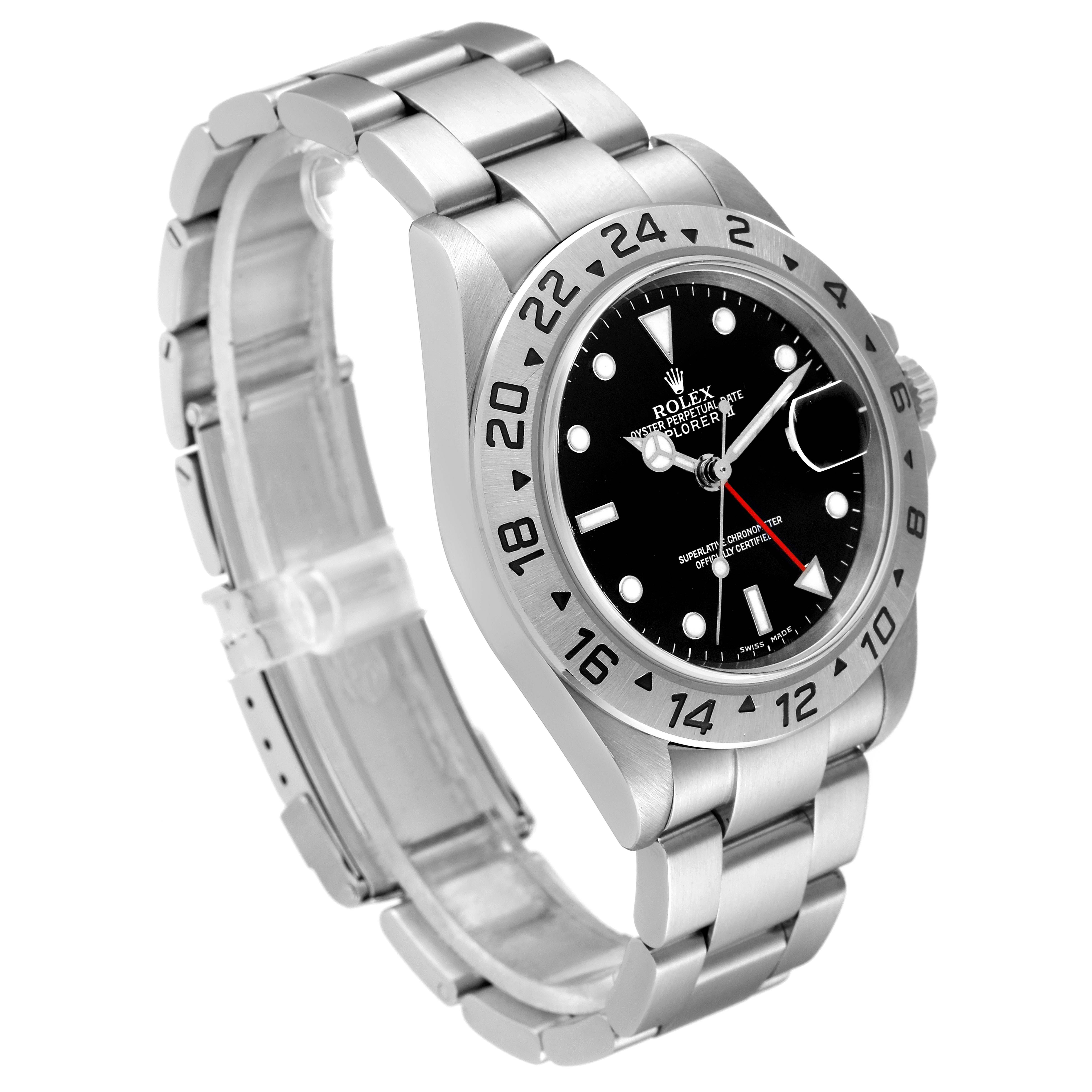 The image shows a side angle view of the Rolex Explorer 16570 Men's Stainless Steel Black Dial 16570 Men's Stainless Steel Black Dial watch, highlighting its face, bezel, and bracelet.