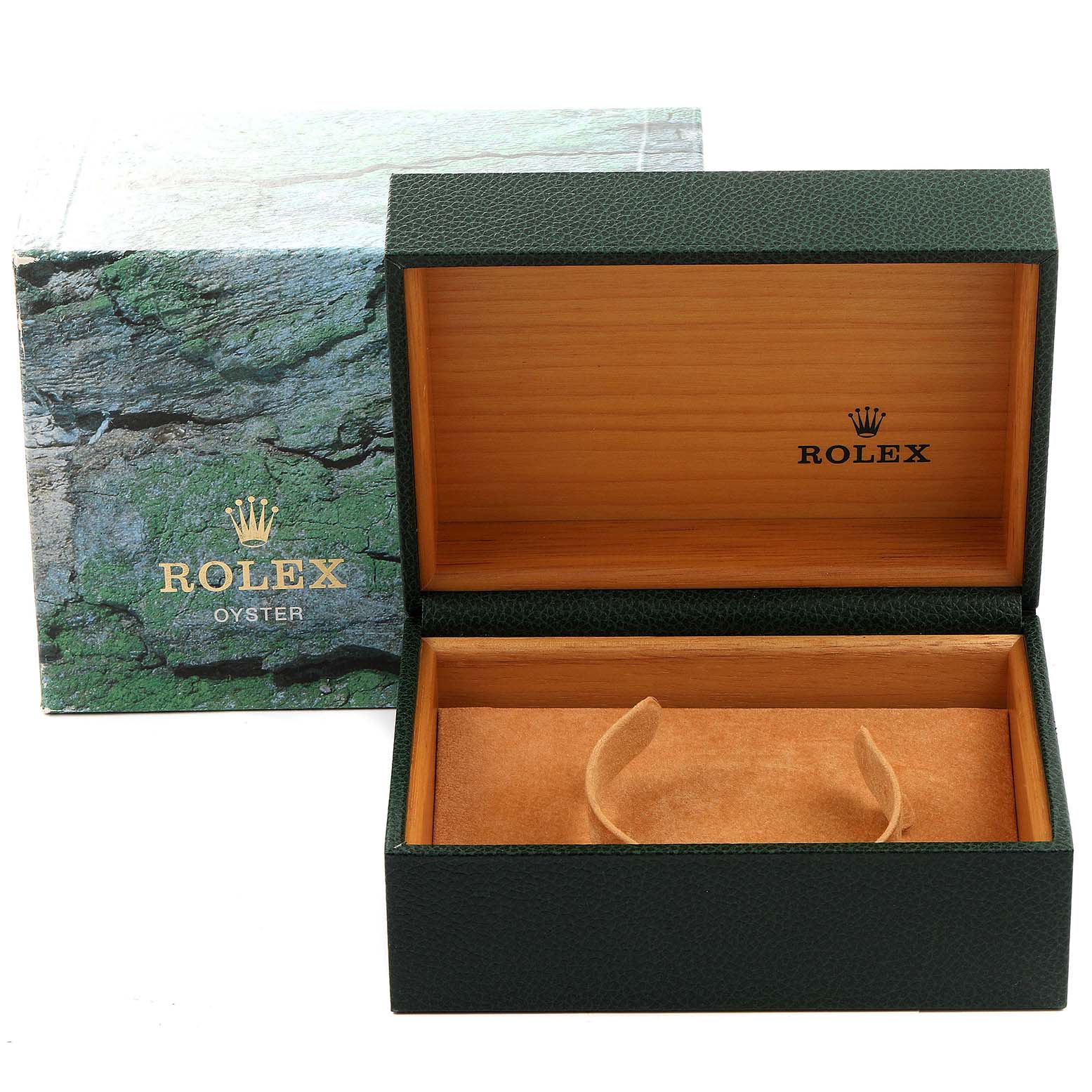 The image shows an open Rolex Explorer 16570 Men's Stainless Steel Black Dial 16570 Men's Stainless Steel Black Dial watch box, featuring a green exterior and a wooden interior.