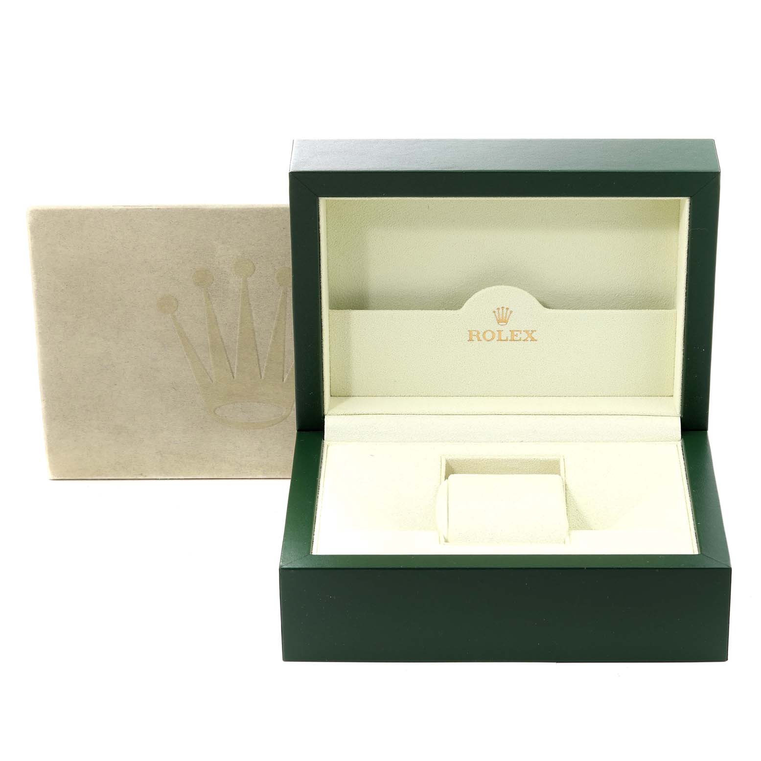 The image shows an open Rolex watch box for the Explorer model at a front angle.