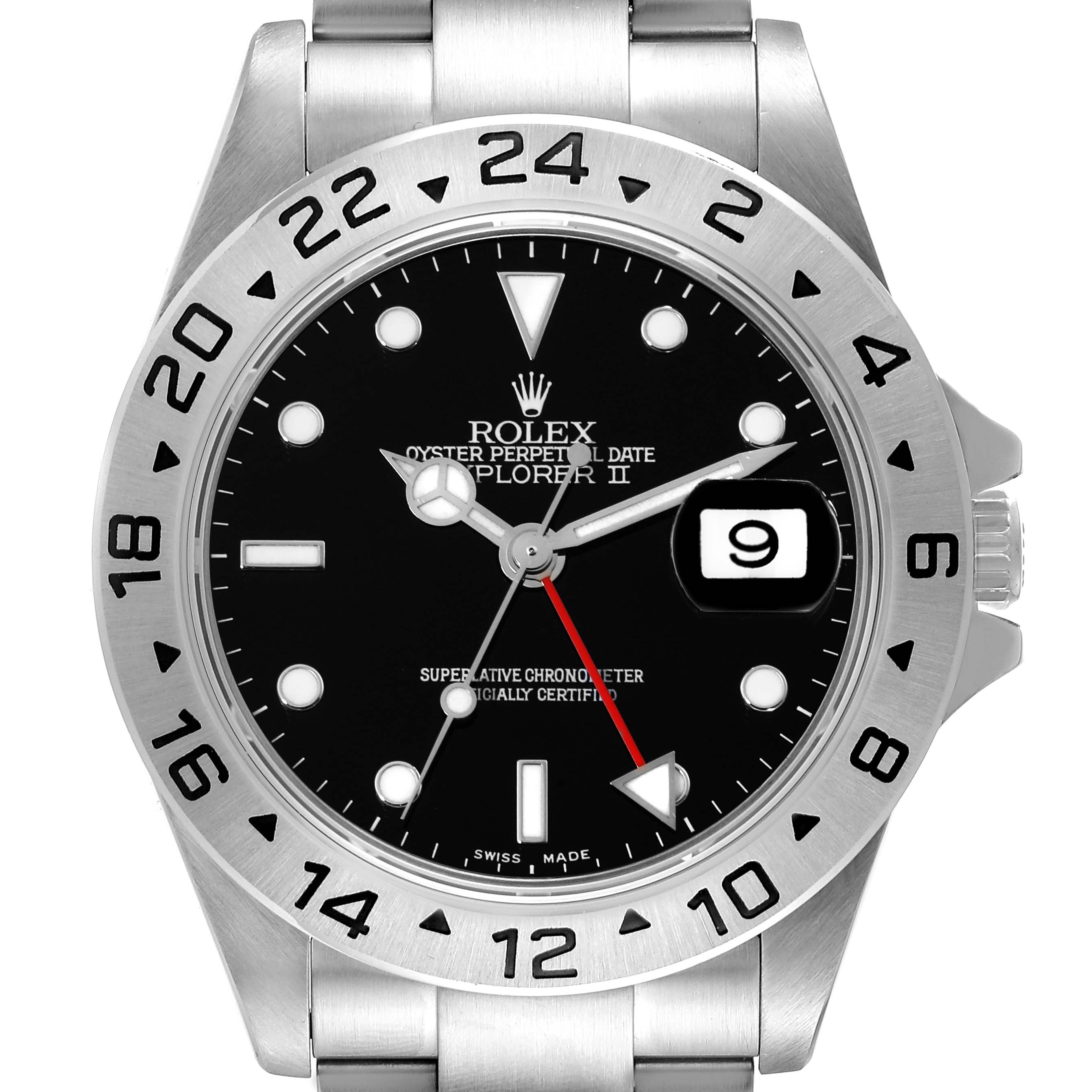 The image shows a front view of the Rolex Explorer 16570 Men's Stainless Steel Black Dial 16570 Men's Stainless Steel Black Dial watch, highlighting its dial, bezel, hands, and bracelet.