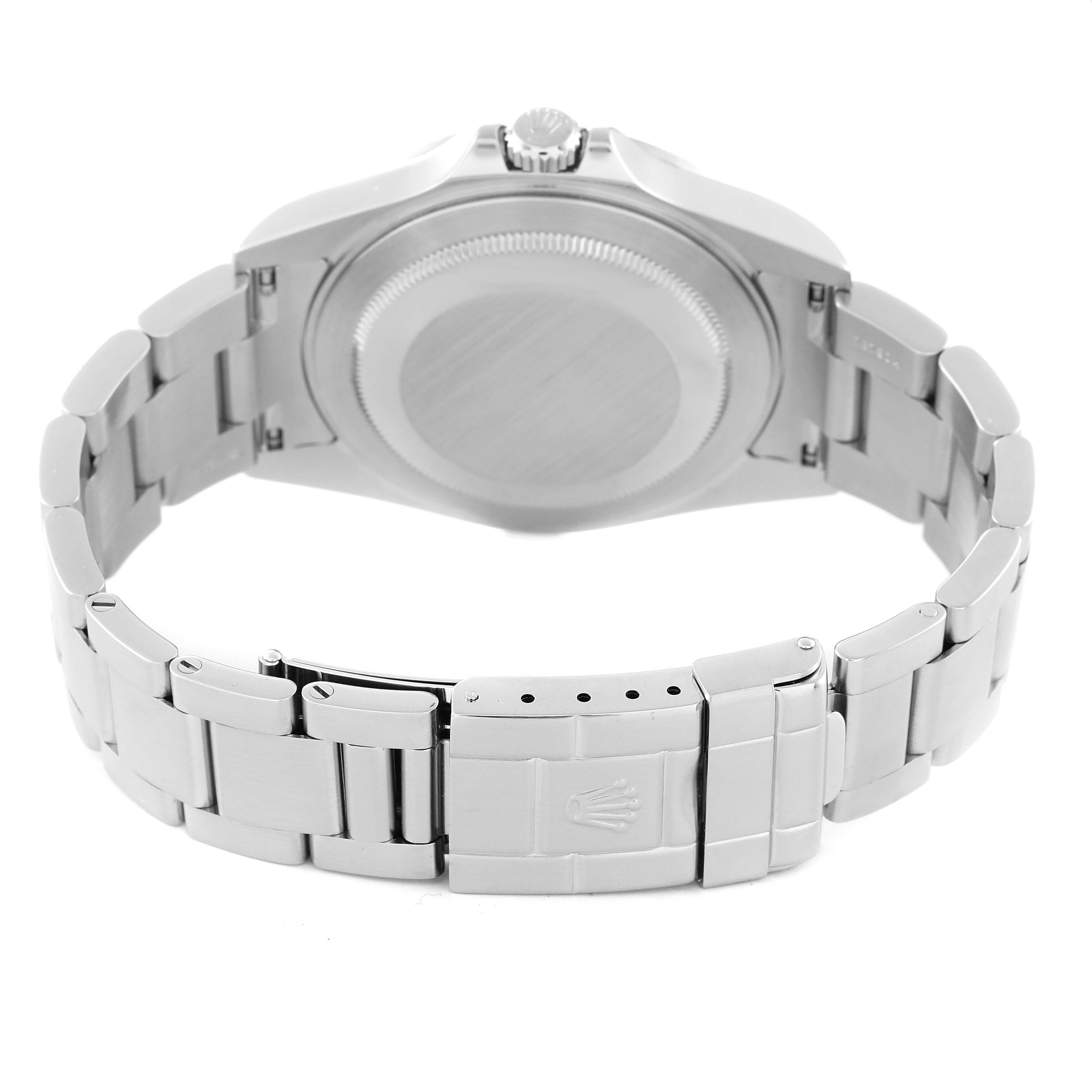 This image shows the back view of the Rolex Explorer 16570 Men's Stainless Steel Black Dial 16570 Men's Stainless Steel Black Dial watch, highlighting the case back, bracelet, and clasp with a Rolex logo.