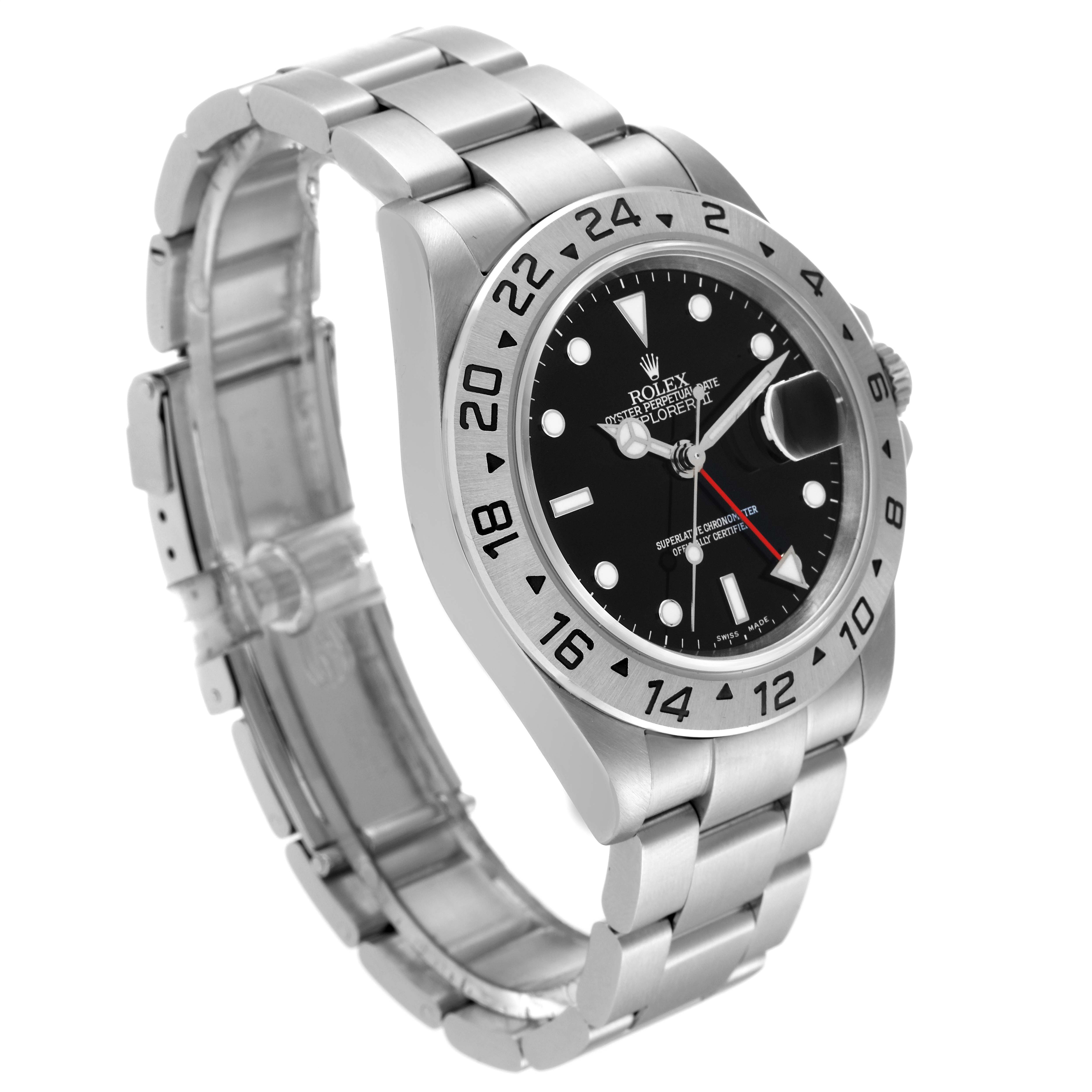 This angled view of the Rolex Explorer 16570 Men's Stainless Steel Black Dial 16570 Men's Stainless Steel Black Dial watch shows the front face, bezel, dial, and full bracelet.