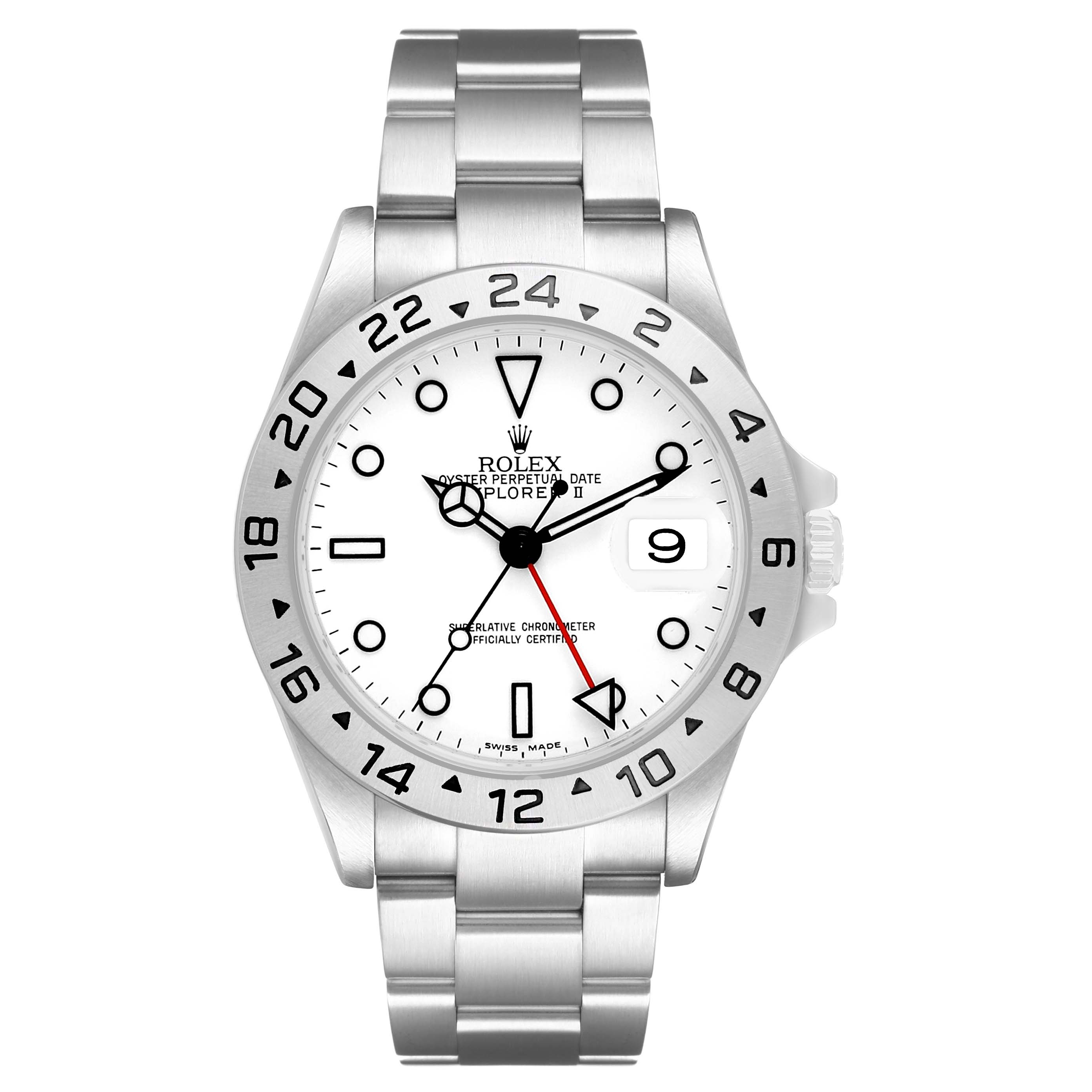 The image shows the Rolex Explorer 16570 Men's Stainless Steel White Dial watch from a front view, highlighting its bezel, dial, bracelet, and crown.