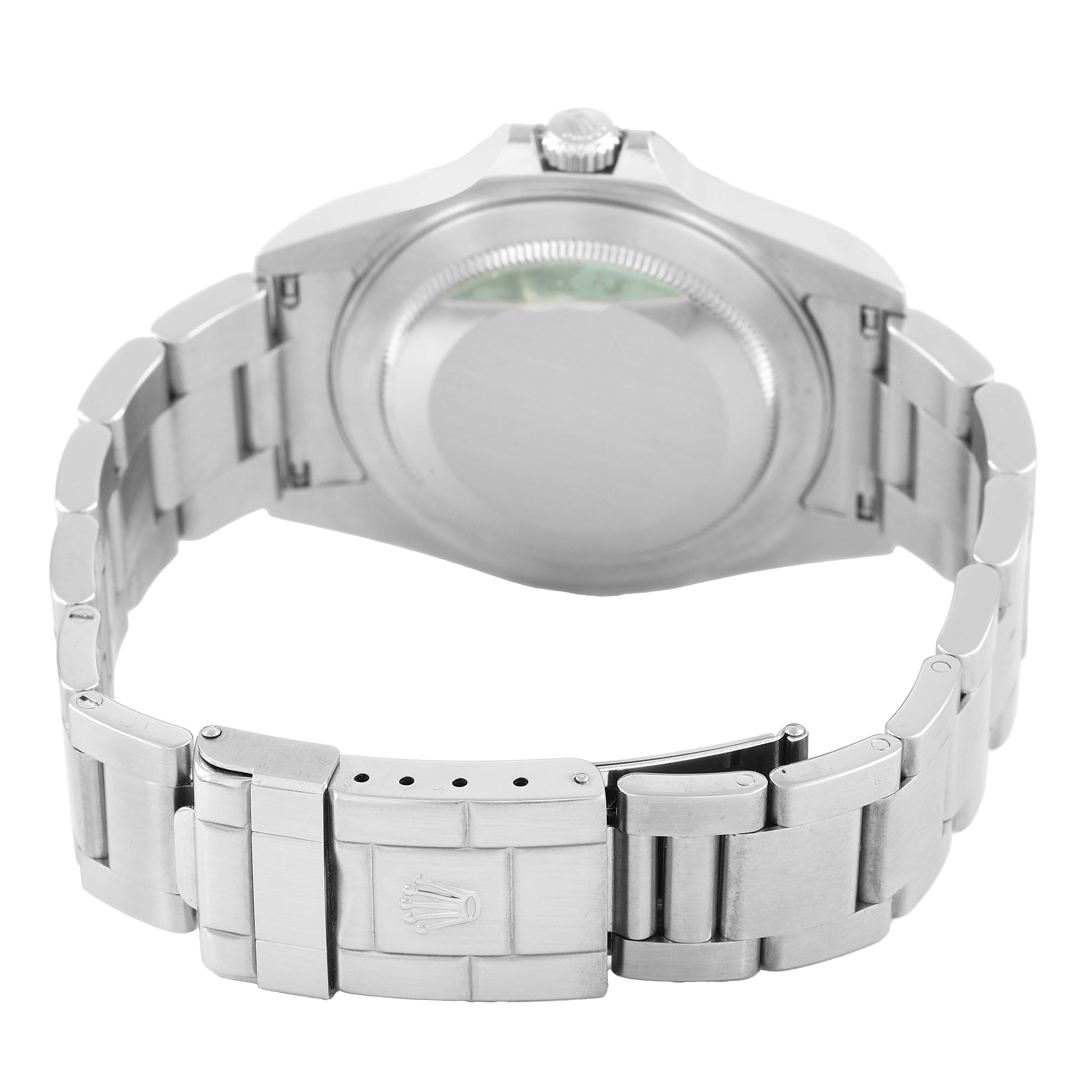 The image shows the back and bracelet clasp of a Rolex Explorer 16570 Men's Stainless Steel White Dial model watch at a slightly elevated angle.
