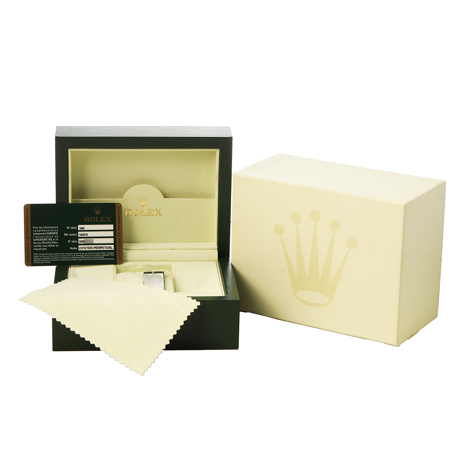 The image shows a Rolex Explorer 16570 Men's Stainless Steel White Dial watch box at an angle displaying the warranty card, cleaning cloth, and outer packaging.