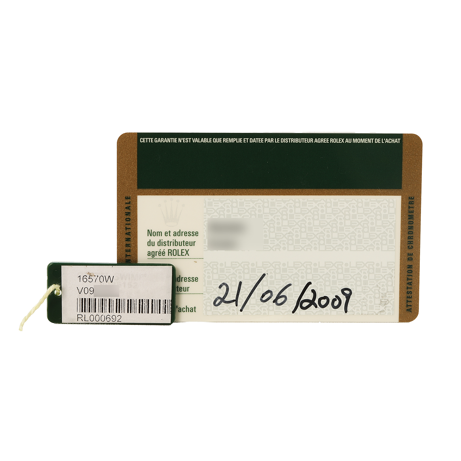 The image shows the certification card and tag for a Rolex Explorer 16570 Men's Stainless Steel White Dial watch, with model and purchase details.