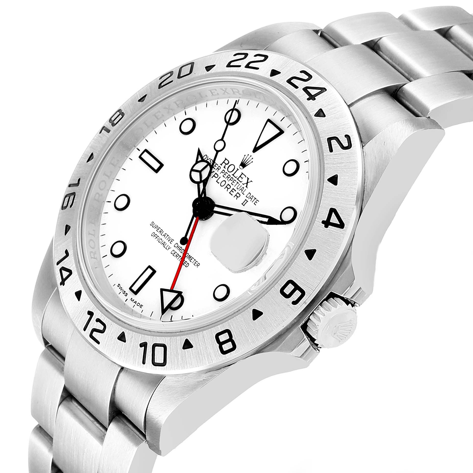 The Rolex Explorer 16570 Men's Stainless Steel White Dial watch is shown at an angled view, highlighting its white dial, bezel, and stainless steel bracelet.