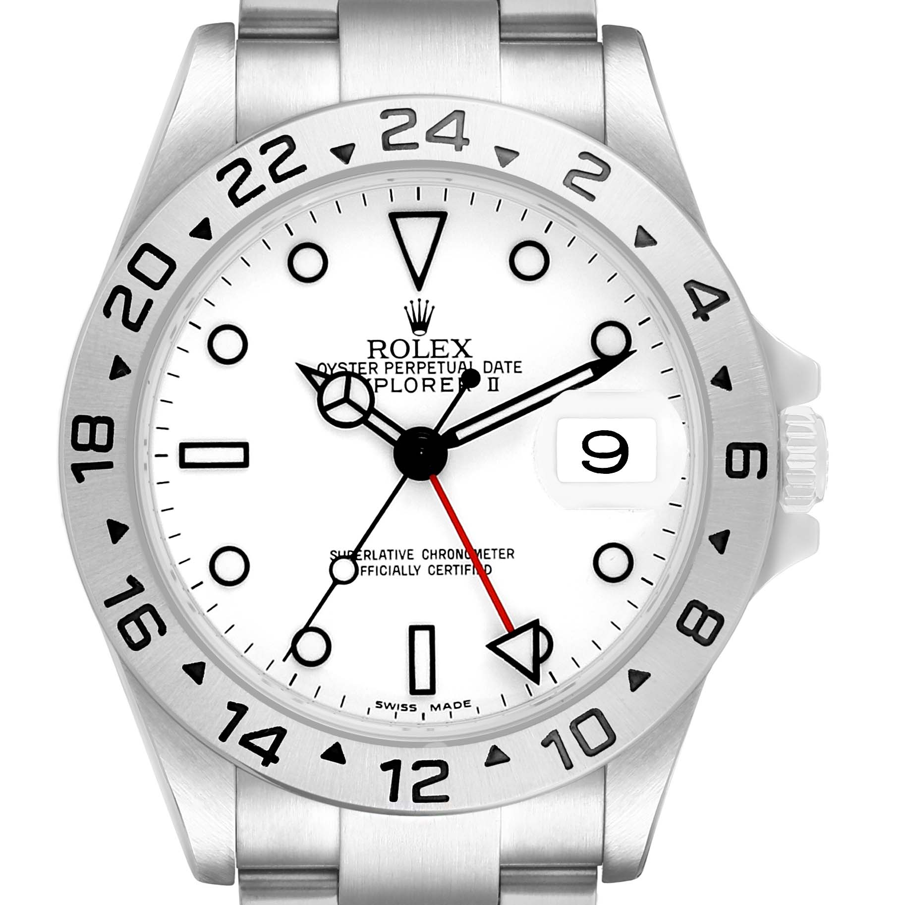 This image shows a front view of the Rolex Explorer 16570 Men's Stainless Steel White Dial II, highlighting the dial, bezel, bracelet, and the date window.