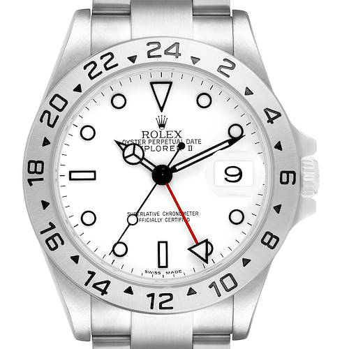 The Rolex Explorer 16570 Men's Stainless Steel White Dial watch is shown from the front, featuring the bezel, dial, hands, and date window.