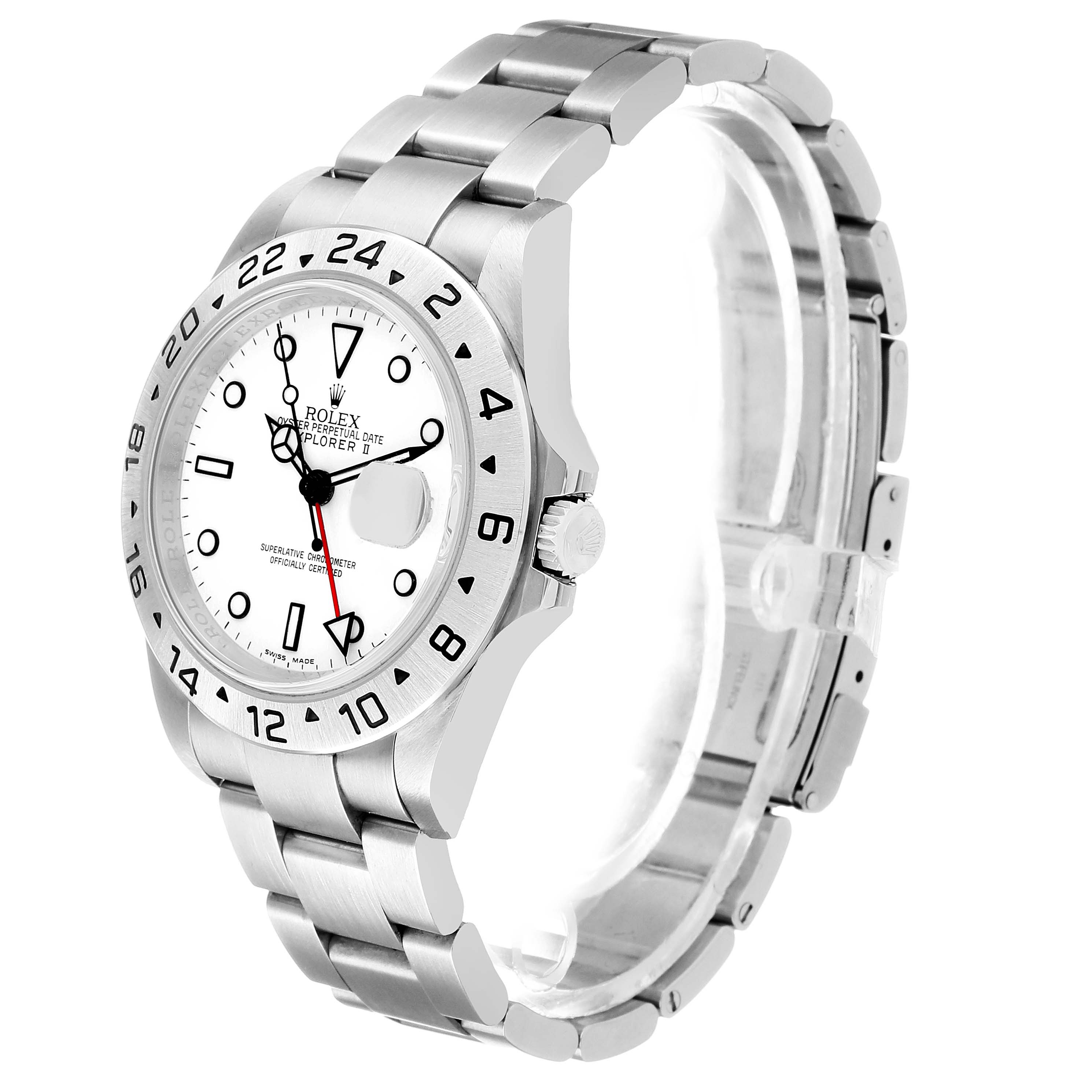 The Rolex Explorer 16570 Men's Stainless Steel White Dial model is shown at a three-quarter angle, highlighting the bezel, dial, and bracelet.