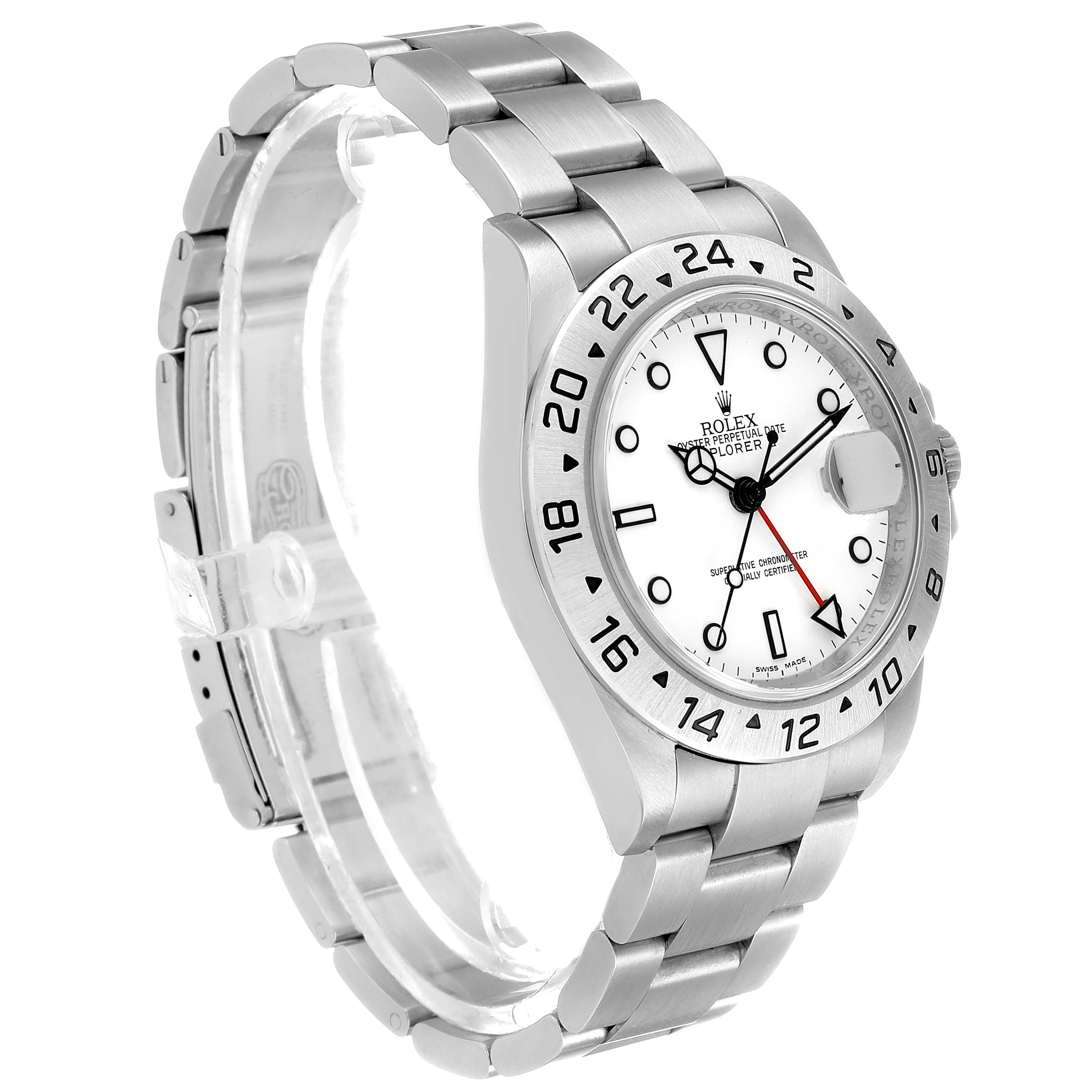 The Rolex Explorer 16570 Men's Stainless Steel White Dial watch is shown at a three-quarter angle, displaying the face, bezel, bracelet, and a portion of the clasp.