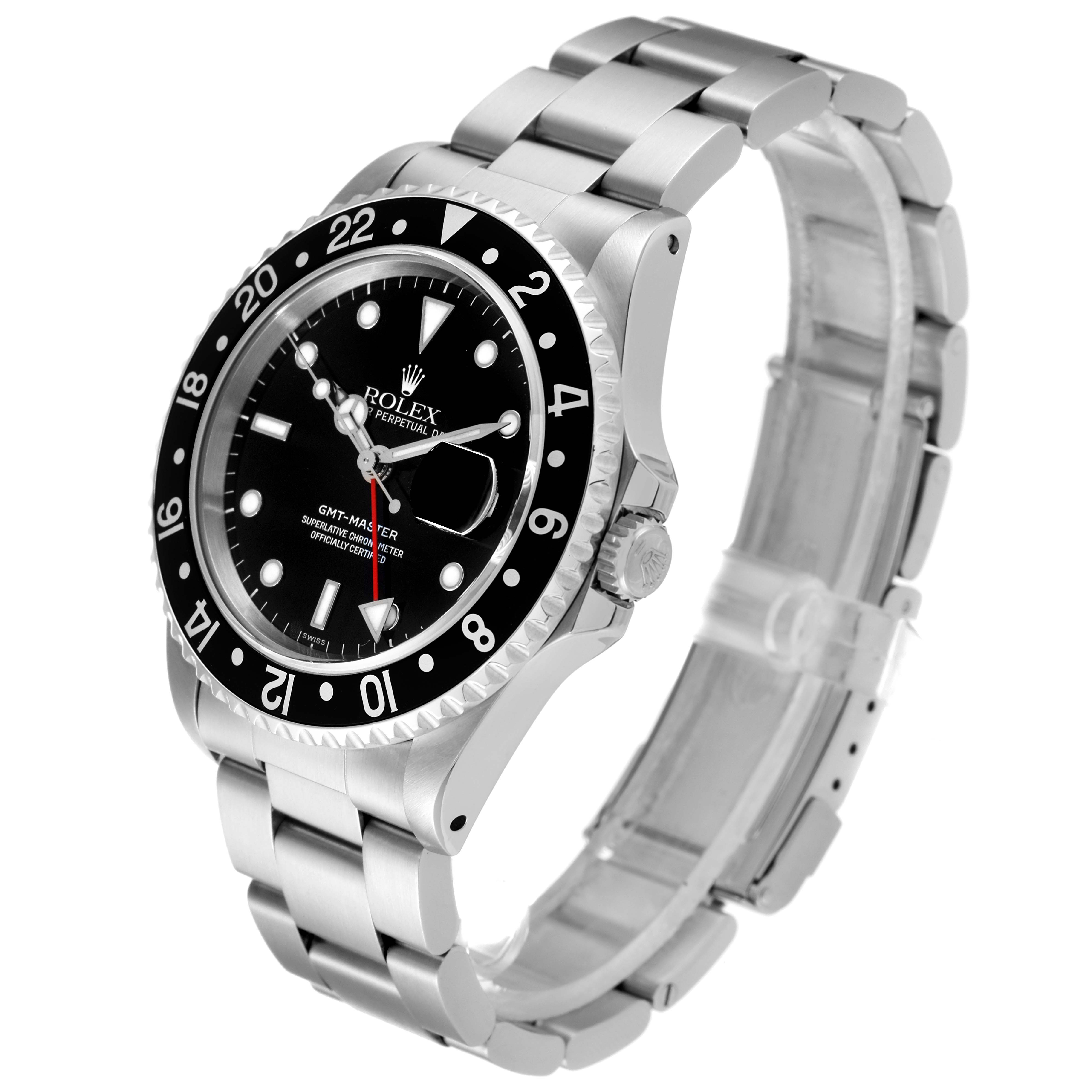 The image shows a Rolex GMT-Master 16700 Men's Stainless Steel Black Dial 16700 Men's Stainless Steel Black Dial watch at a three-quarter angle, highlighting its face, bezel, and bracelet.