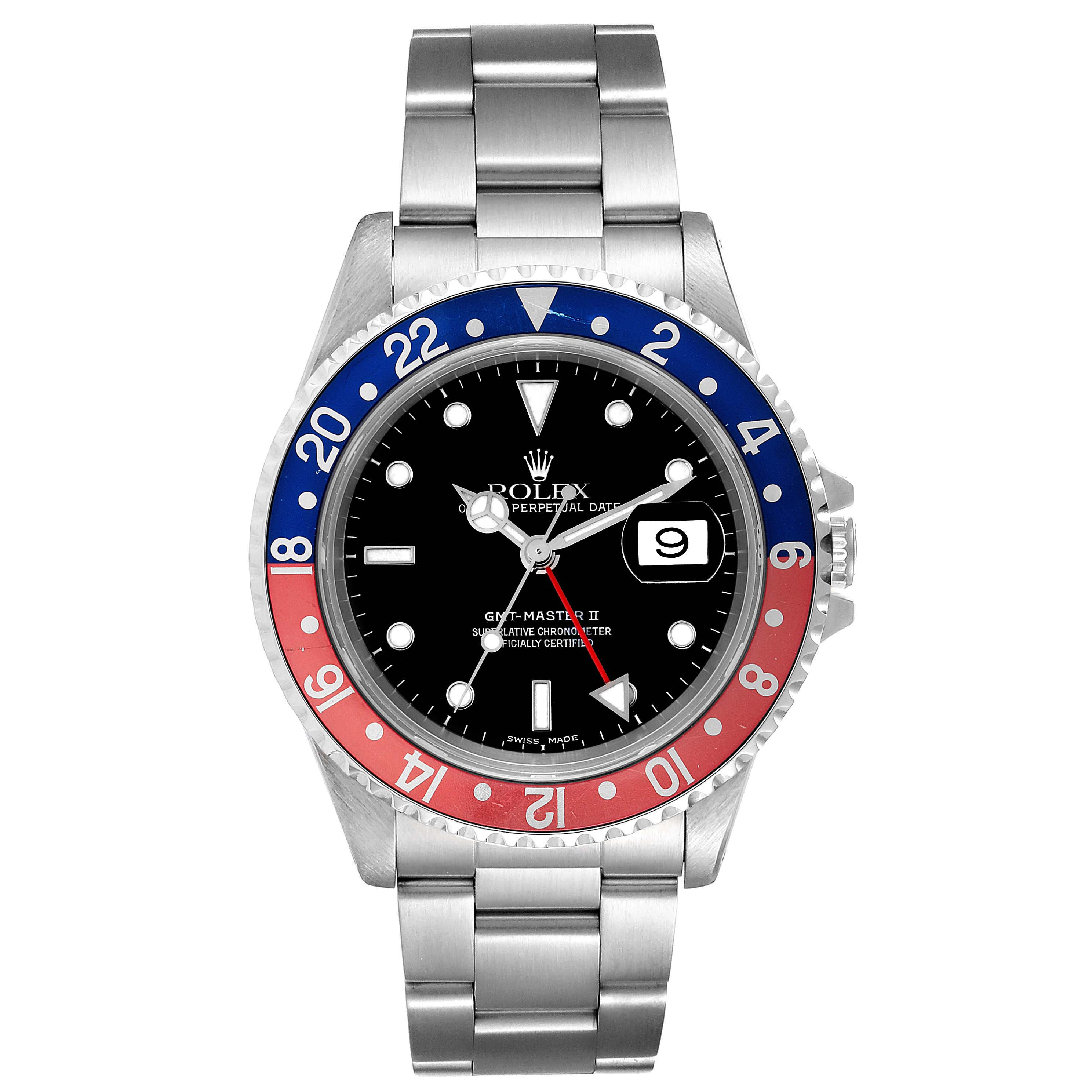The image shows a front view of a Rolex GMT-Master 16710 Men's Stainless Steel Black Dial 16710 Men's Stainless Steel Black Dial II watch with a 'Pepsi' bezel and stainless steel bracelet.