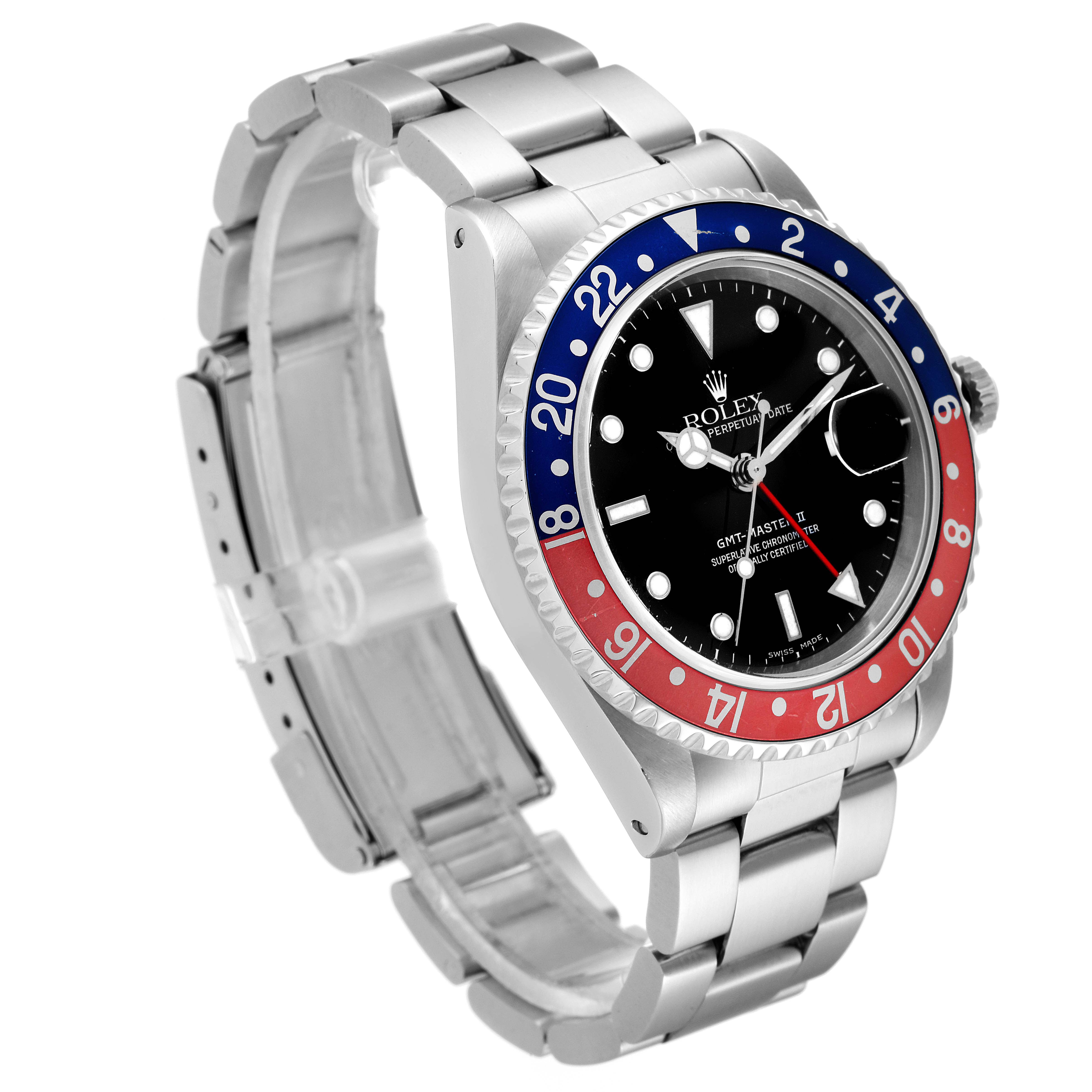 The image shows a Rolex GMT-Master 16710 Men's Stainless Steel Black Dial 16710 Men's Stainless Steel Black Dial watch at a three-quarter angle, highlighting its bezel, dial, bracelet, and clasp.