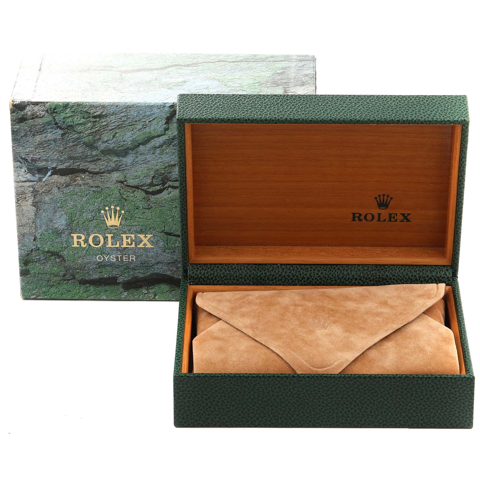 The image shows a Rolex GMT-Master 16710 Men's Stainless Steel Black Dial 16710 Men's Stainless Steel Black Dial watch box, featuring the outer box and the inner box with a beige suede pouch inside.