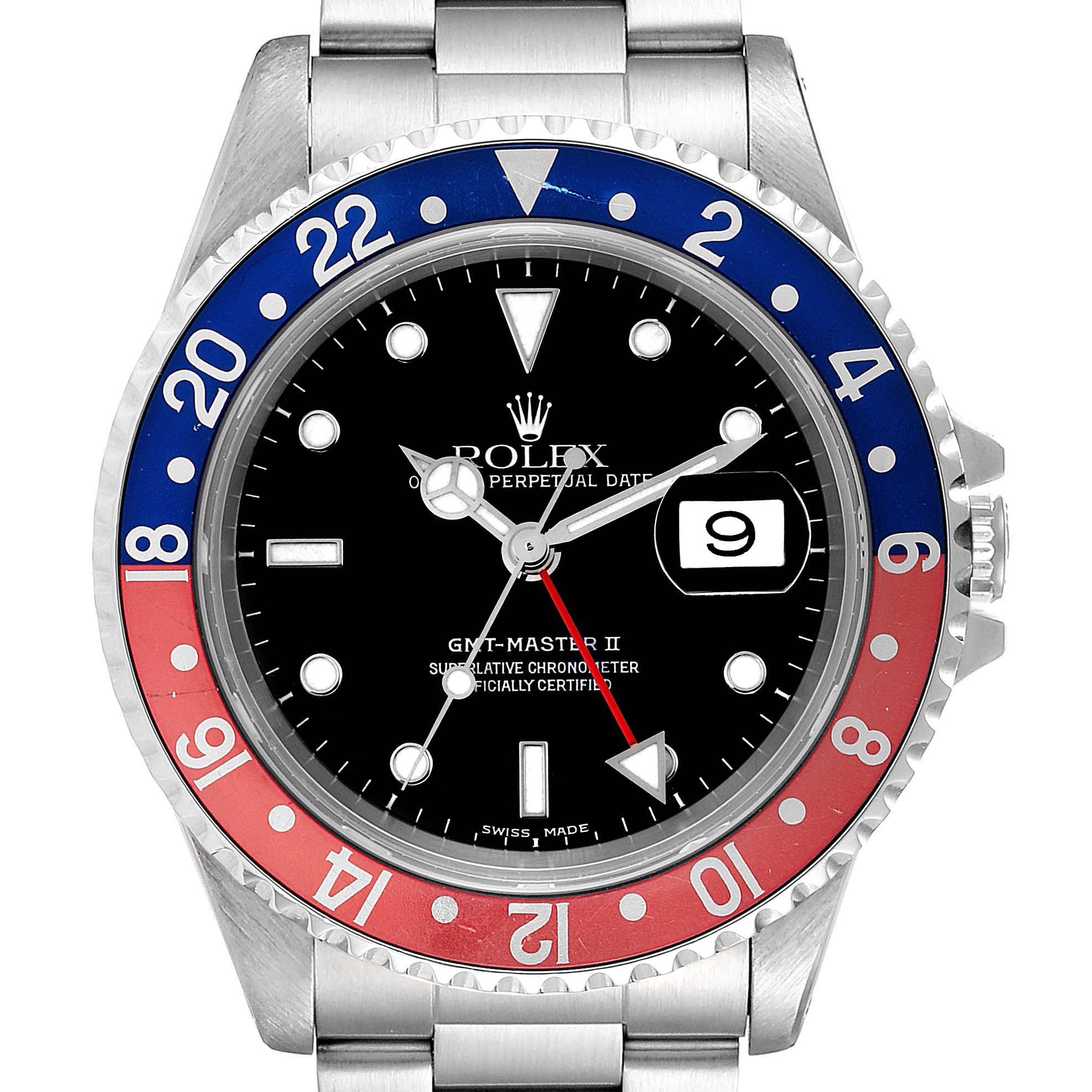 The image shows a front view of a Rolex GMT-Master 16710 Men's Stainless Steel Black Dial 16710 Men's Stainless Steel Black Dial II watch with a red and blue bezel and a date display.