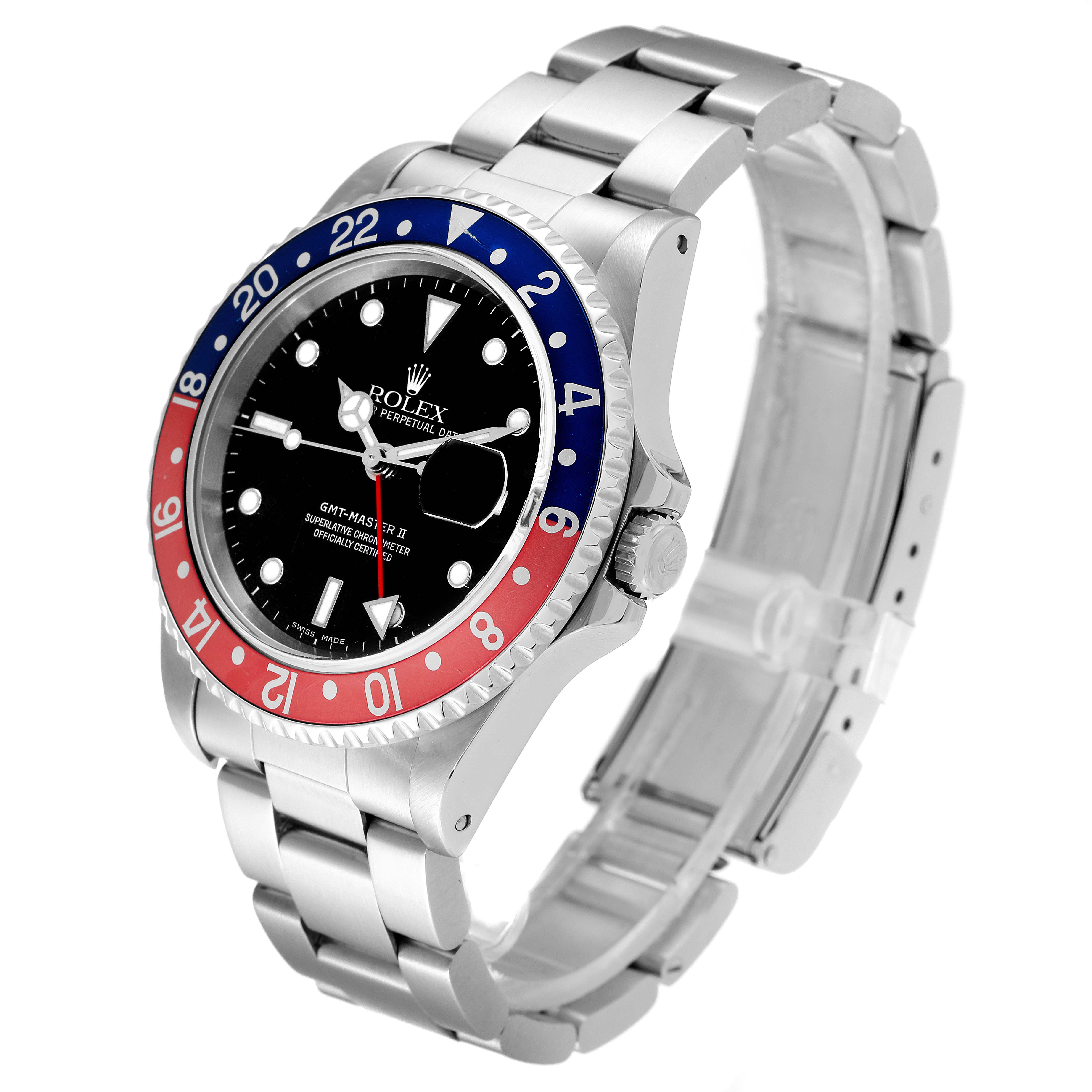 The image shows a side view of the Rolex GMT-Master 16710 Men's Stainless Steel Black Dial 16710 Men's Stainless Steel Black Dial watch displaying its bezel, dial, and bracelet.
