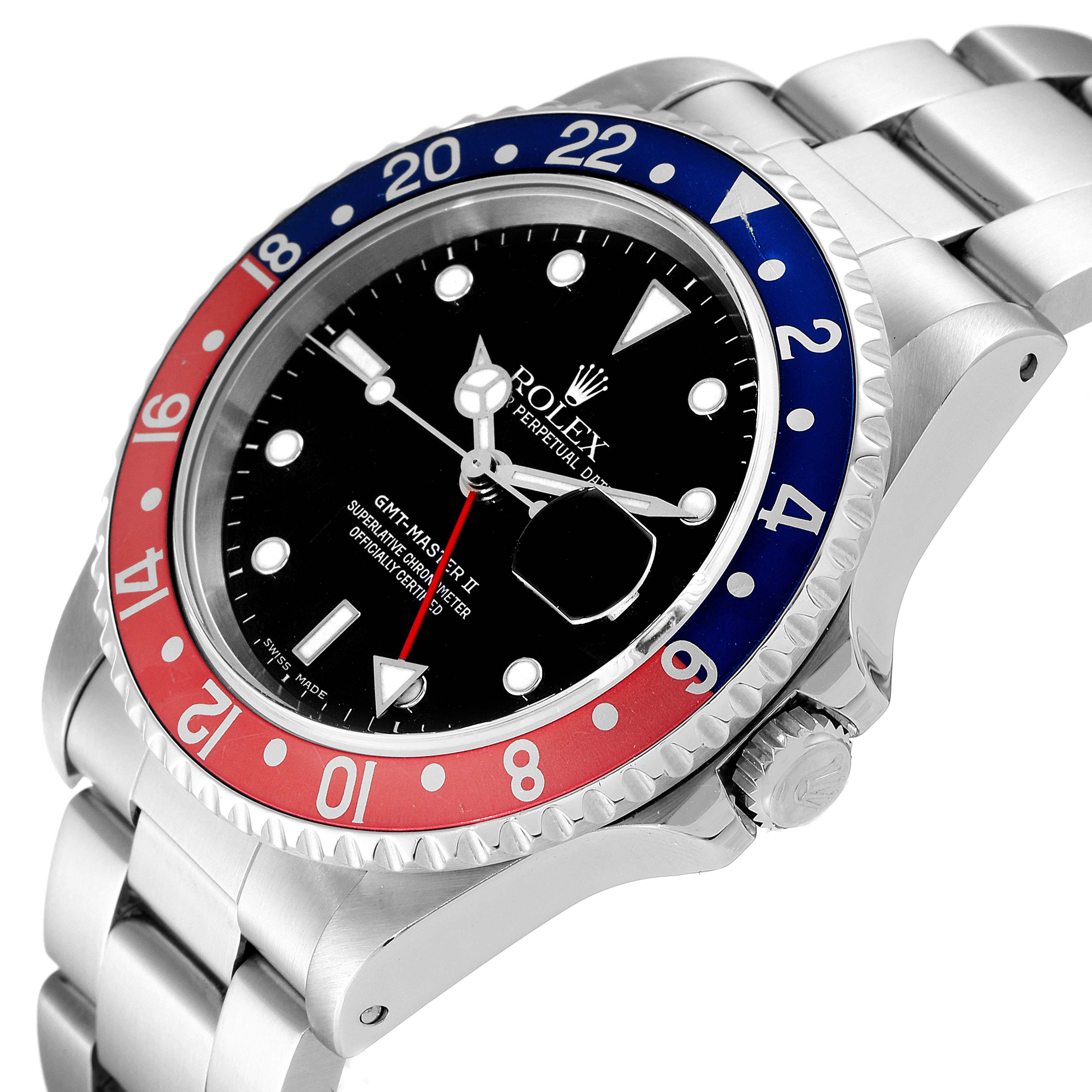 This image shows a side angle of the Rolex GMT-Master 16710 Men's Stainless Steel Black Dial 16710 Men's Stainless Steel Black Dial II watch, highlighting the bezel, face, crown, and part of the bracelet.