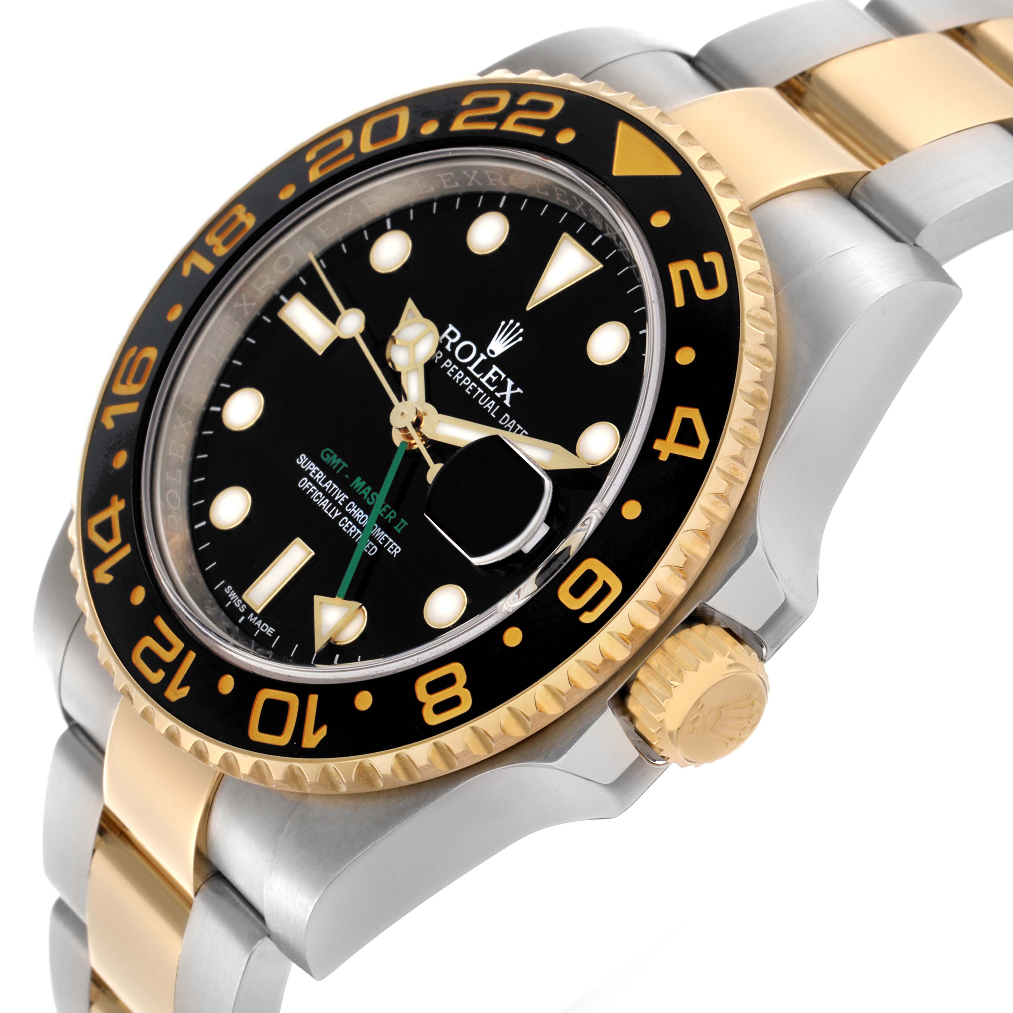 The Rolex GMT-Master 116713LN Men
s Steel and Gold (two tone) Black Dial 116713LN Men
s Steel and Gold (two tone) Black Dial watch is shown from a side angle highlighting the bezel, dial, crown, and two-tone bracelet.