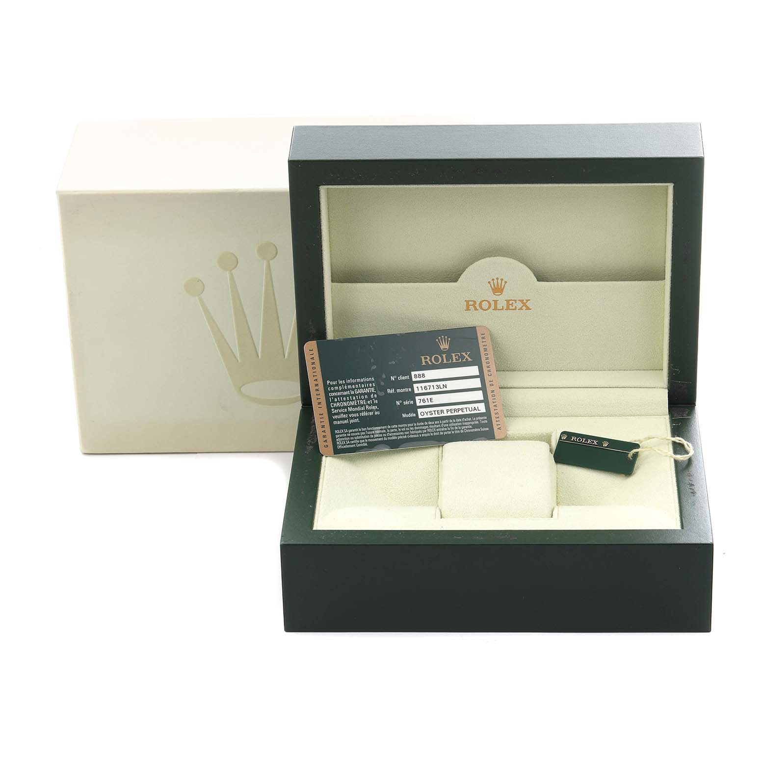 The image shows a Rolex GMT-Master 116713LN Men
s Steel and Gold (two tone) Black Dial 116713LN Men
s Steel and Gold (two tone) Black Dial box with a warranty card and tag, viewed from the front.