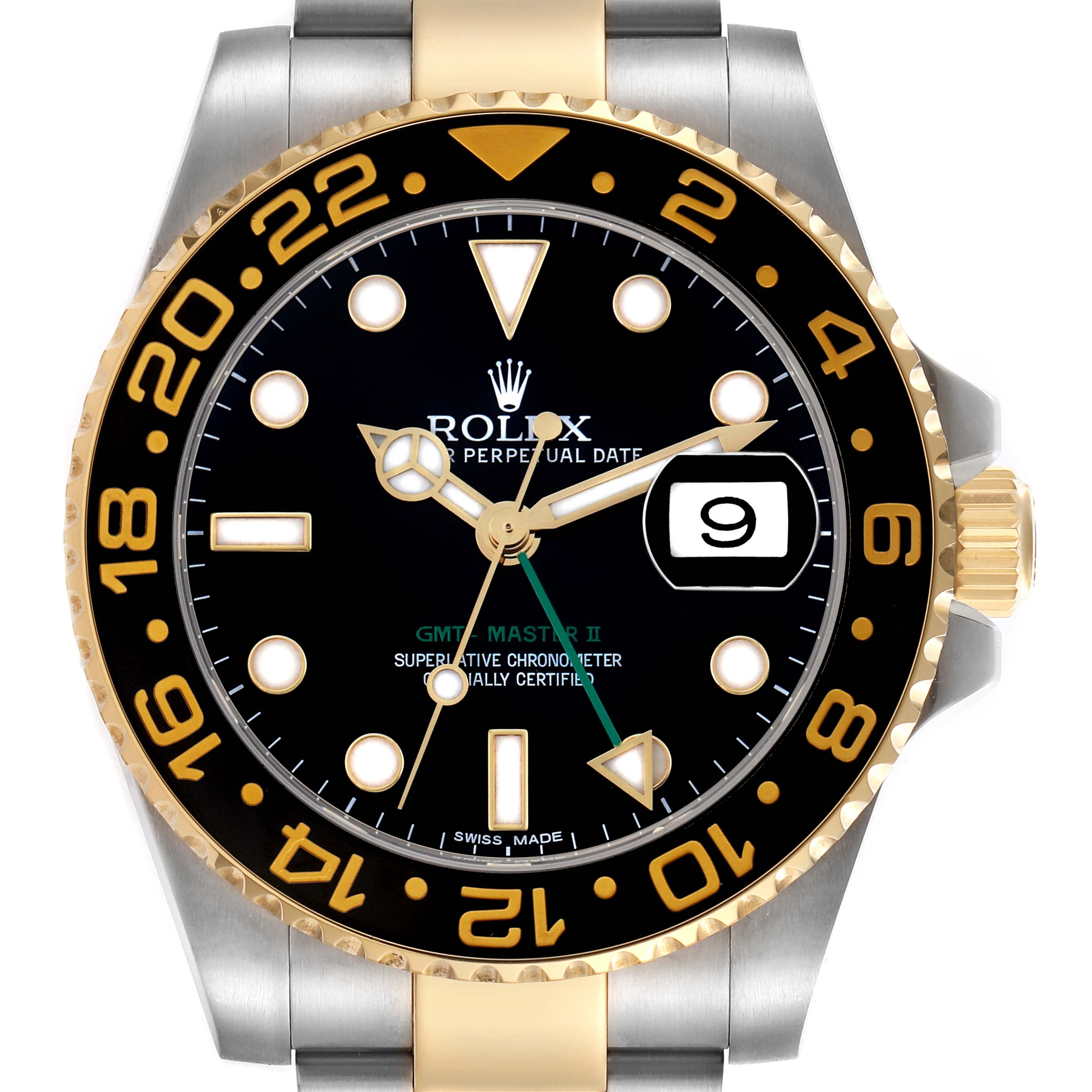 The Rolex GMT-Master 116713LN Men
s Steel and Gold (two tone) Black Dial 116713LN Men
s Steel and Gold (two tone) Black Dial watch is shown from the front, highlighting the bezel, dial, and date window.