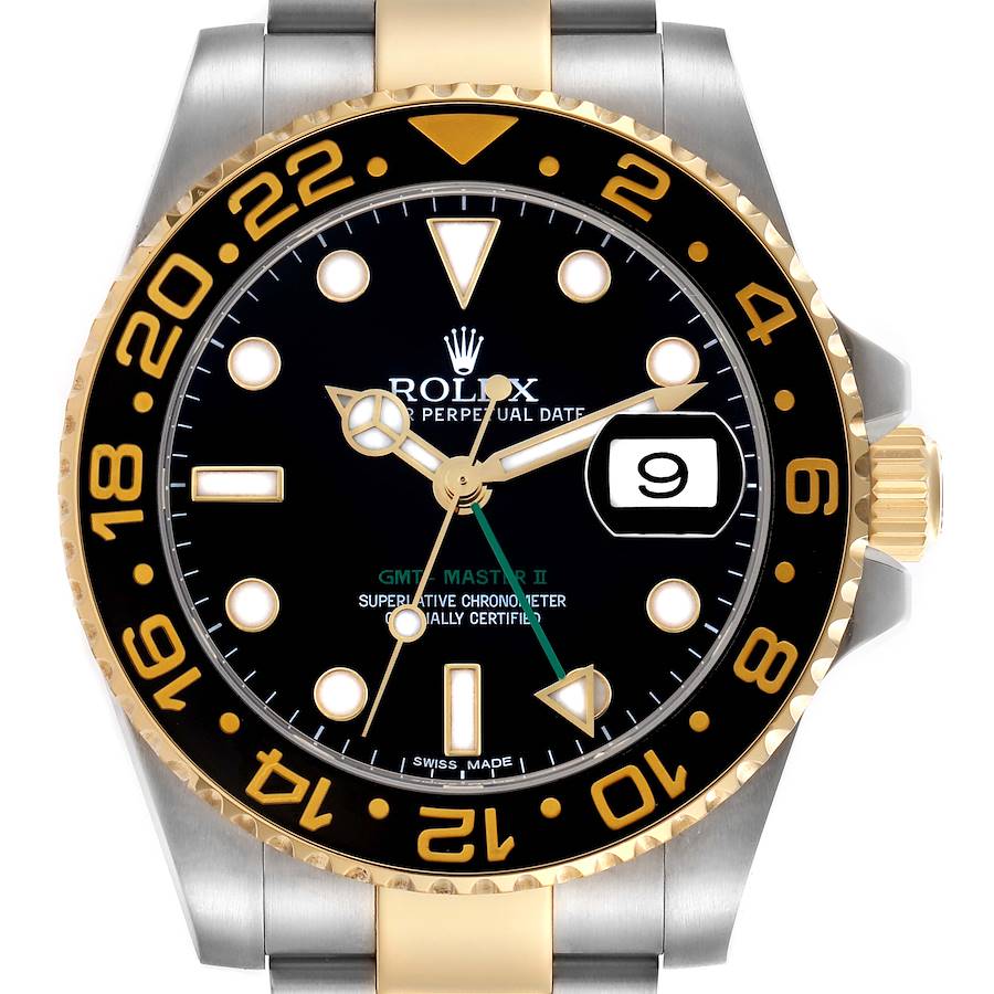The Rolex GMT-Master watch is shown from the front, highlighting the bezel, dial, and date window.