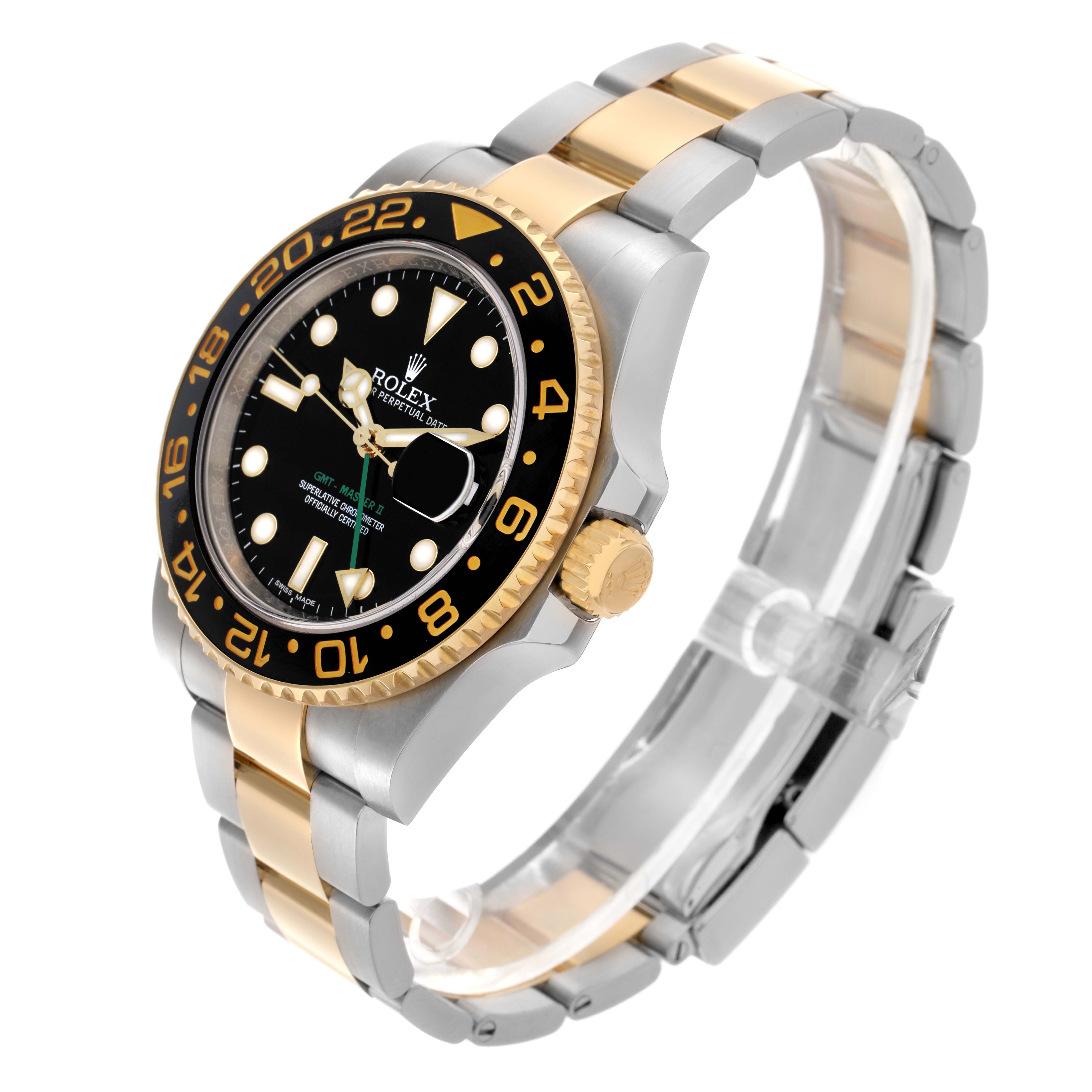 The Rolex GMT-Master 116713LN Men
s Steel and Gold (two tone) Black Dial 116713LN Men
s Steel and Gold (two tone) Black Dial watch is shown at a three-quarter angle, highlighting the bezel, dial, crown, and two-tone bracelet.