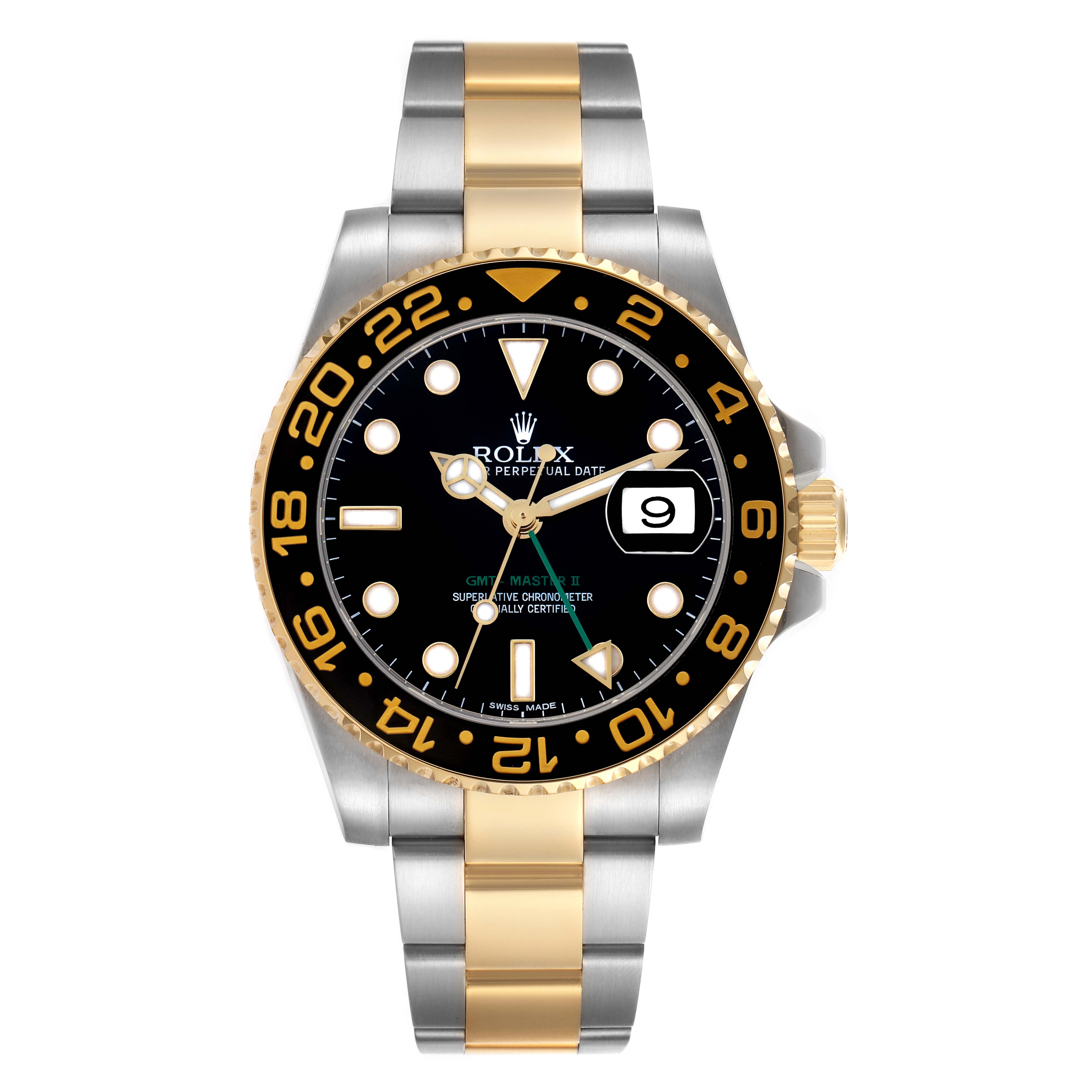 The Rolex GMT-Master 116713LN Men
s Steel and Gold (two tone) Black Dial 116713LN Men
s Steel and Gold (two tone) Black Dial is shown from a front view, displaying the bezel, dial, hands, date window, and bracelet.