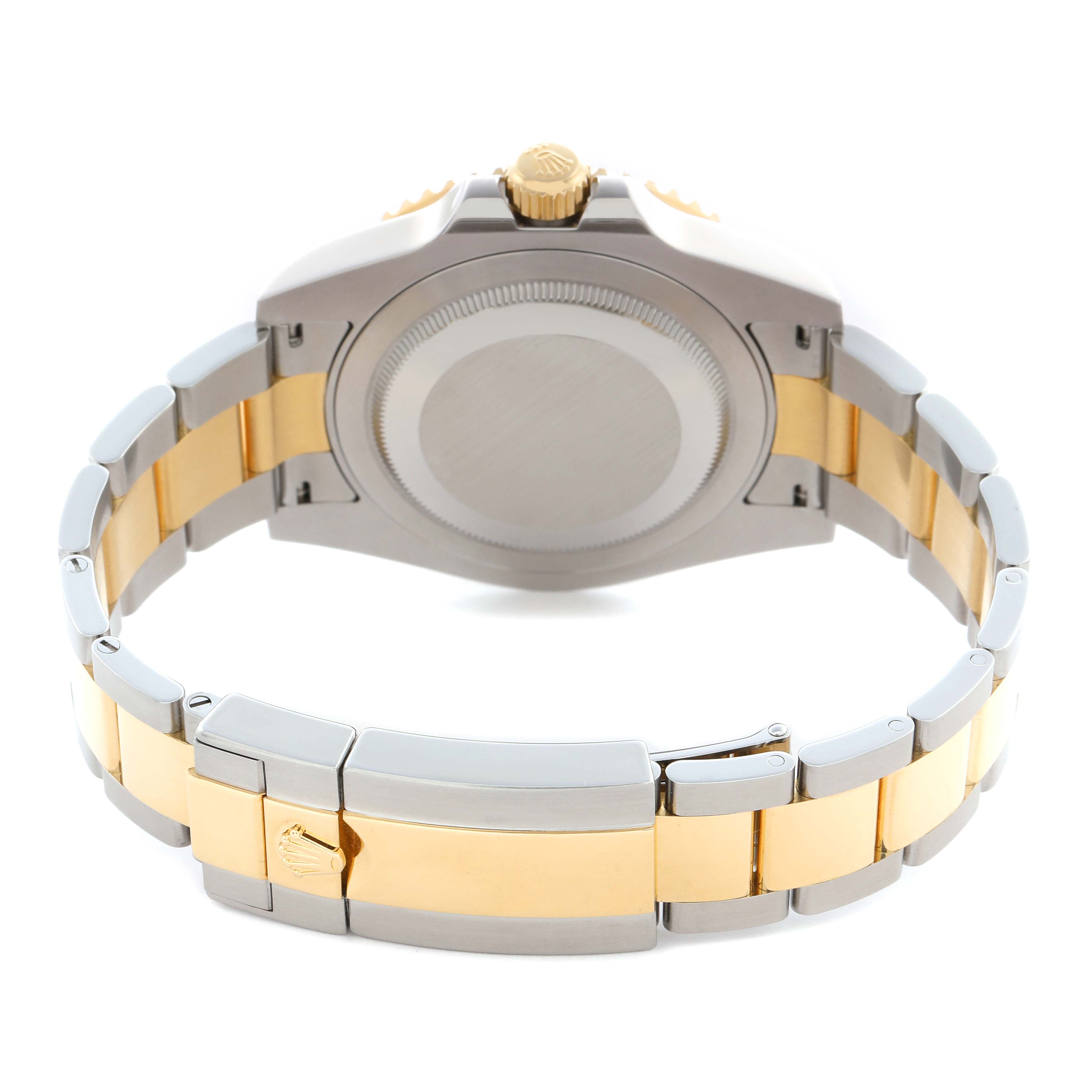 The image shows the back view of a Rolex GMT-Master 116713LN Men
s Steel and Gold (two tone) Black Dial 116713LN Men
s Steel and Gold (two tone) Black Dial watch, highlighting the bracelet, clasp, and case back.