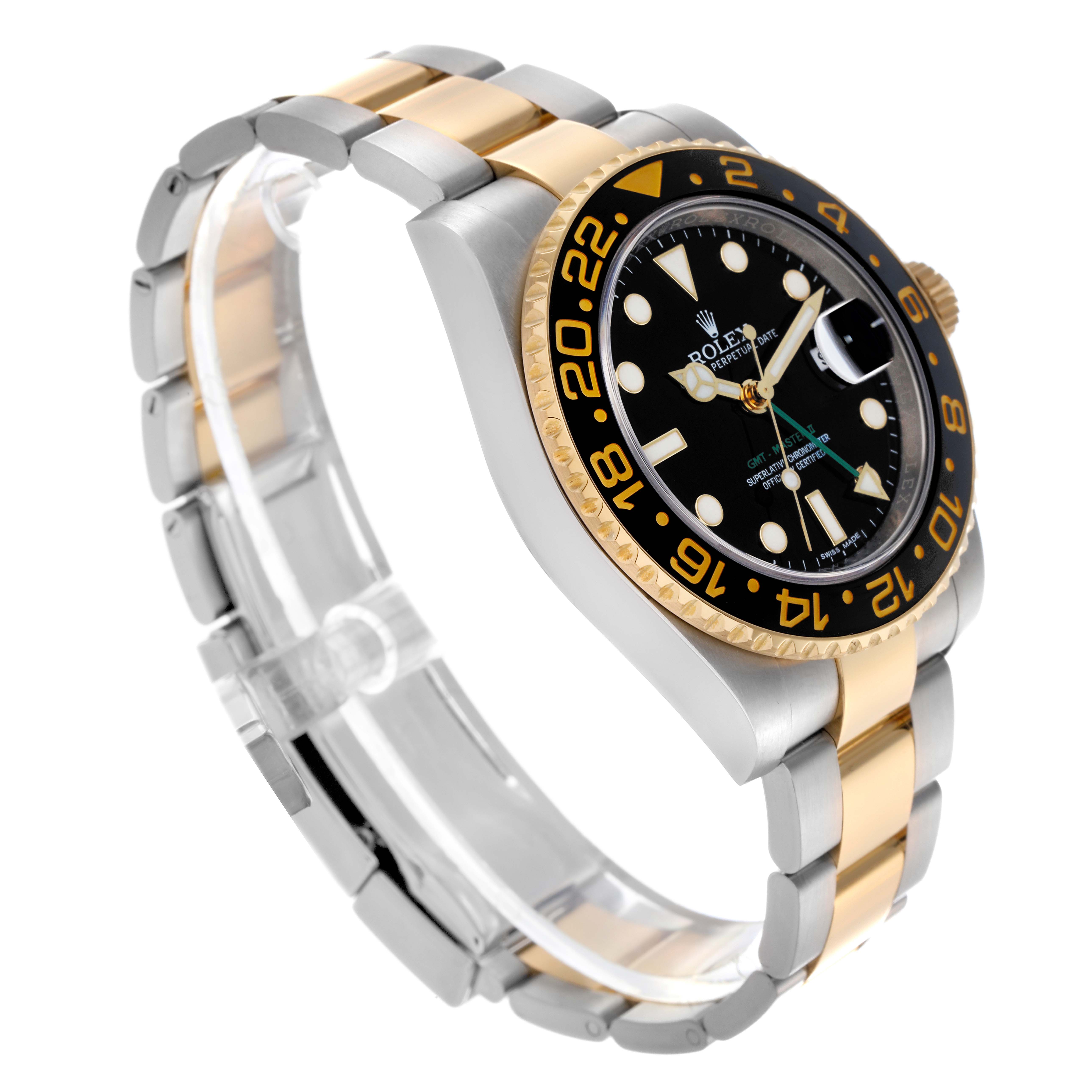 The image shows a Rolex GMT-Master 116713LN Men
s Steel and Gold (two tone) Black Dial 116713LN Men
s Steel and Gold (two tone) Black Dial watch angled to display the dial, bezel, crown, and two-tone bracelet.