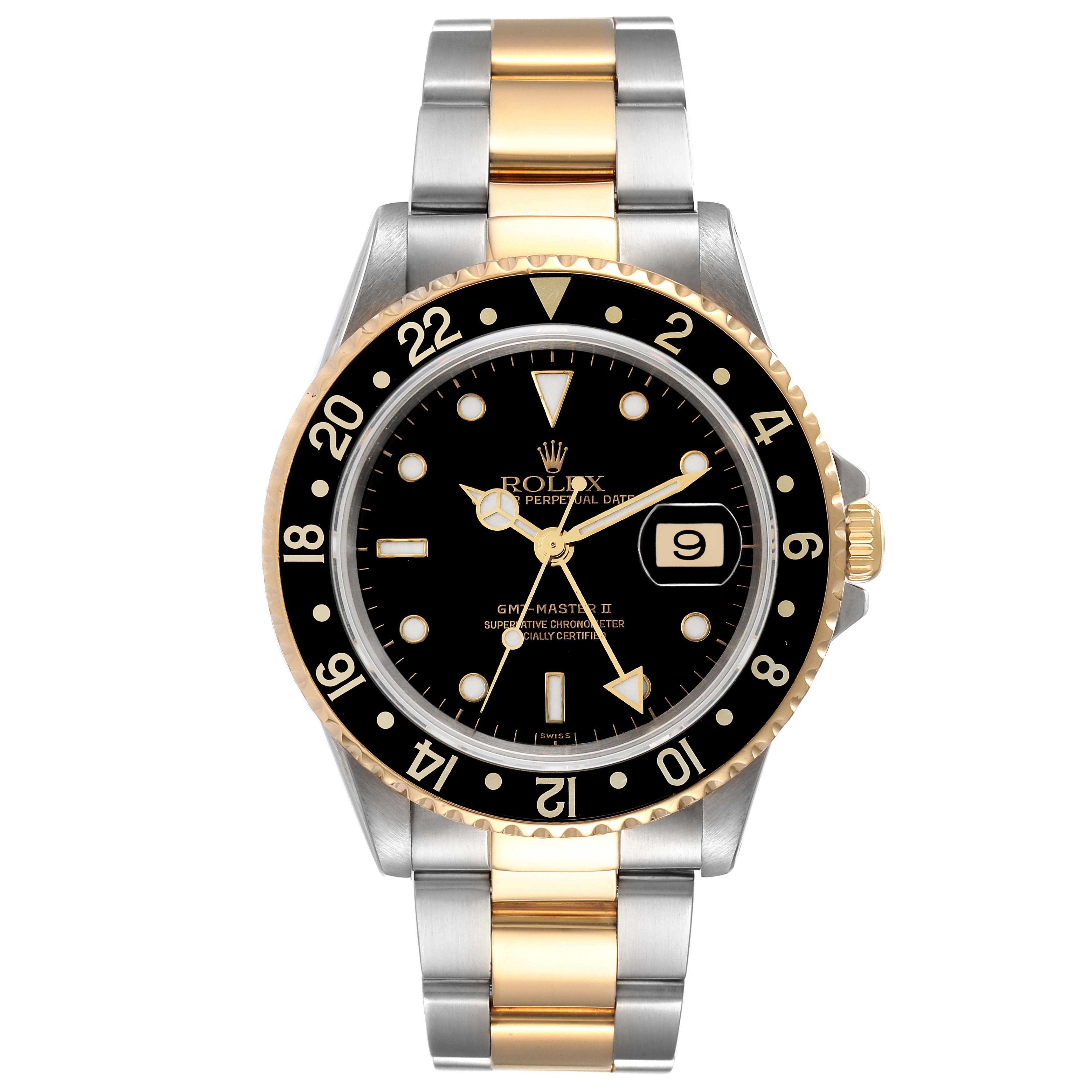 This image shows a front view of a Rolex GMT-Master 16713 Men's Steel and Gold (two tone) Black Dial 16713 Men's Steel and Gold (two tone) Black Dial II watch featuring a black dial, a 24-hour bezel, and a two-tone metal bracelet.