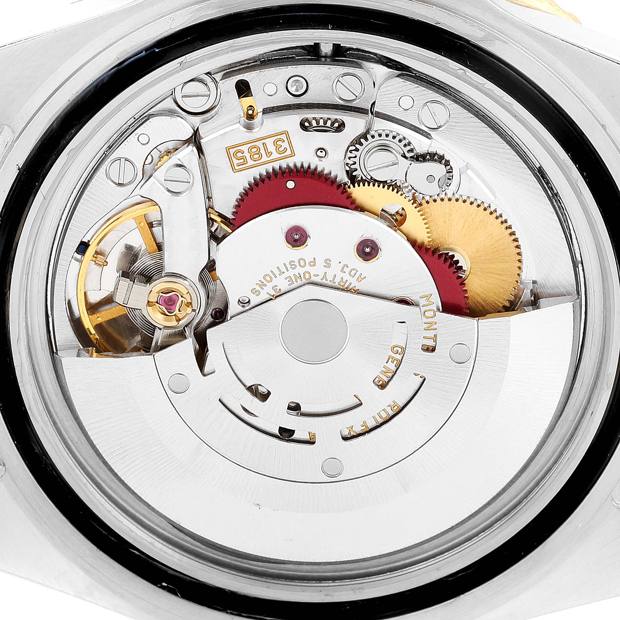 This image shows the internal movement mechanism of a Rolex GMT-Master 16713 Men's Steel and Gold (two tone) Black Dial 16713 Men's Steel and Gold (two tone) Black Dial watch from a top-down angle.