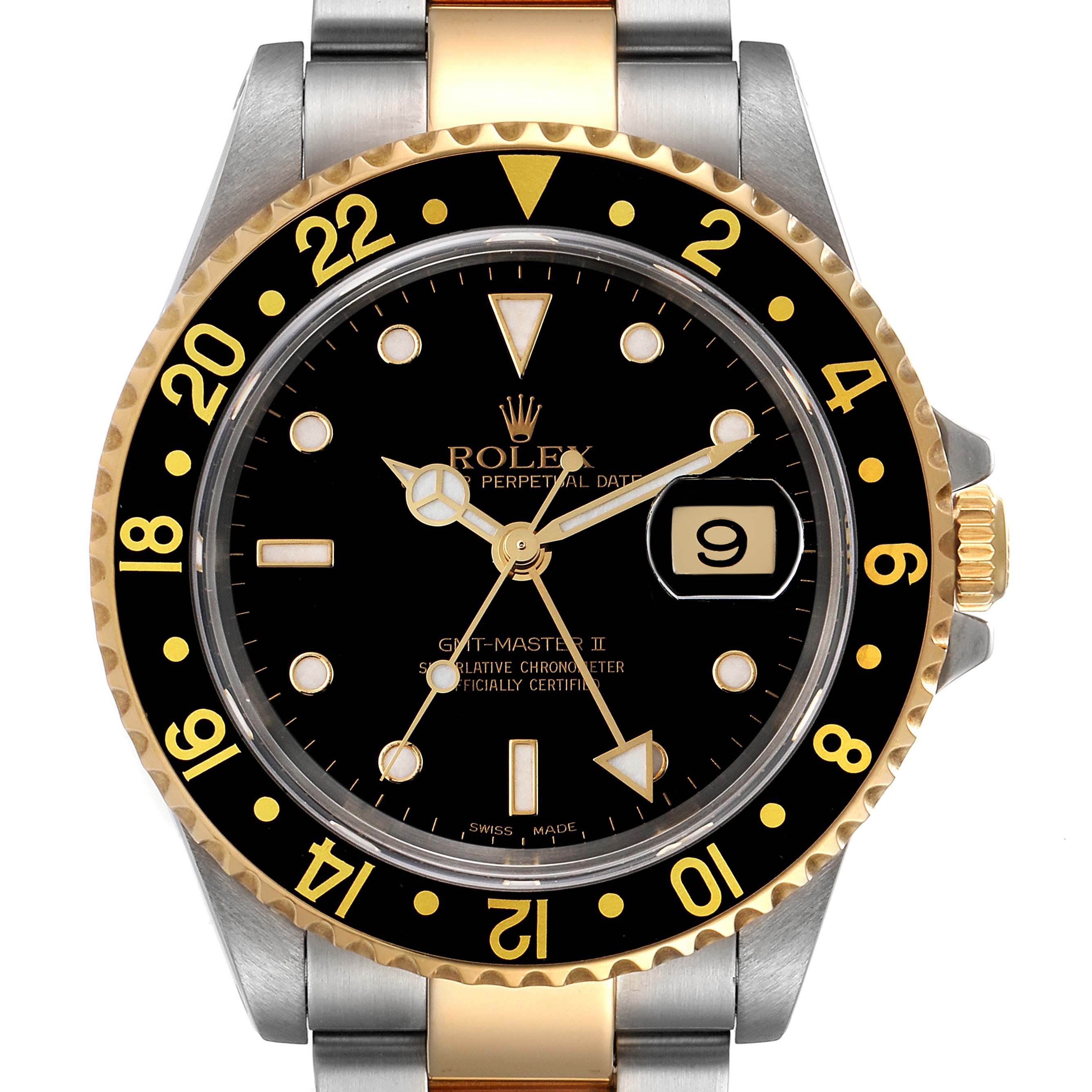 The image shows a front view of a Rolex GMT-Master 16713 Men's Steel and Gold (two tone) Black Dial 16713 Men's Steel and Gold (two tone) Black Dial II watch, displaying the bezel, dial, hands, date window, and part of the bracelet.