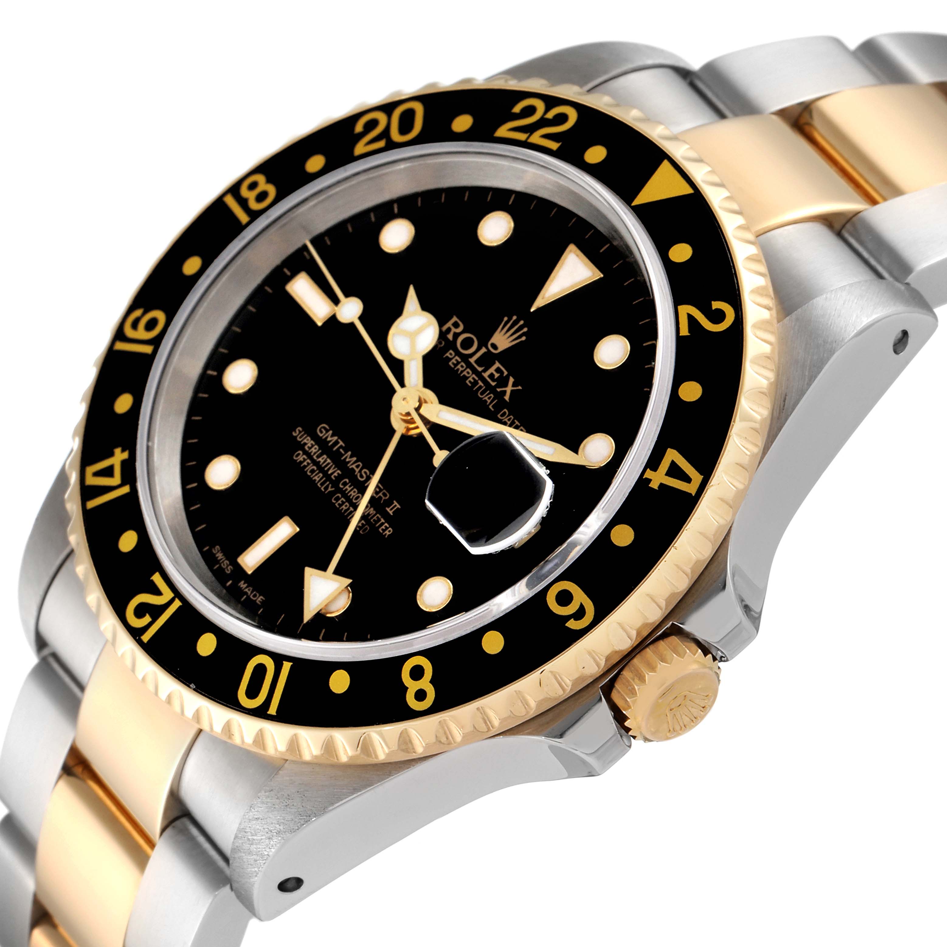 The image shows a Rolex GMT-Master 16713 Men's Steel and Gold (two tone) Black Dial 16713 Men's Steel and Gold (two tone) Black Dial II from an angled view, highlighting the black dial, two-tone band, and the watch bezel with 24-hour markers.