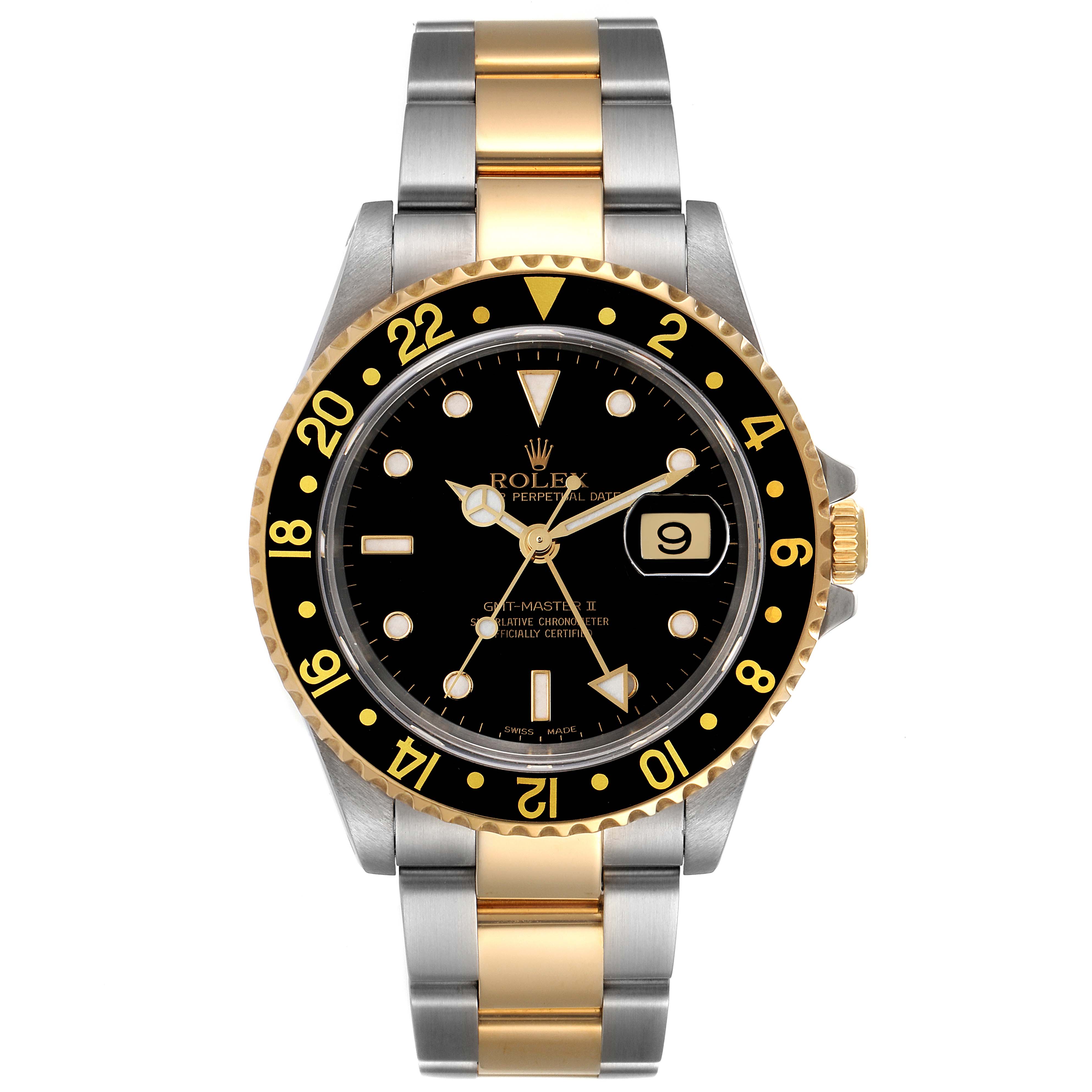 The Rolex GMT-Master 16713 Men's Steel and Gold (two tone) Black Dial 16713 Men's Steel and Gold (two tone) Black Dial watch is shown from a frontal angle, displaying the face, bezel, hands, date window, and bracelet.