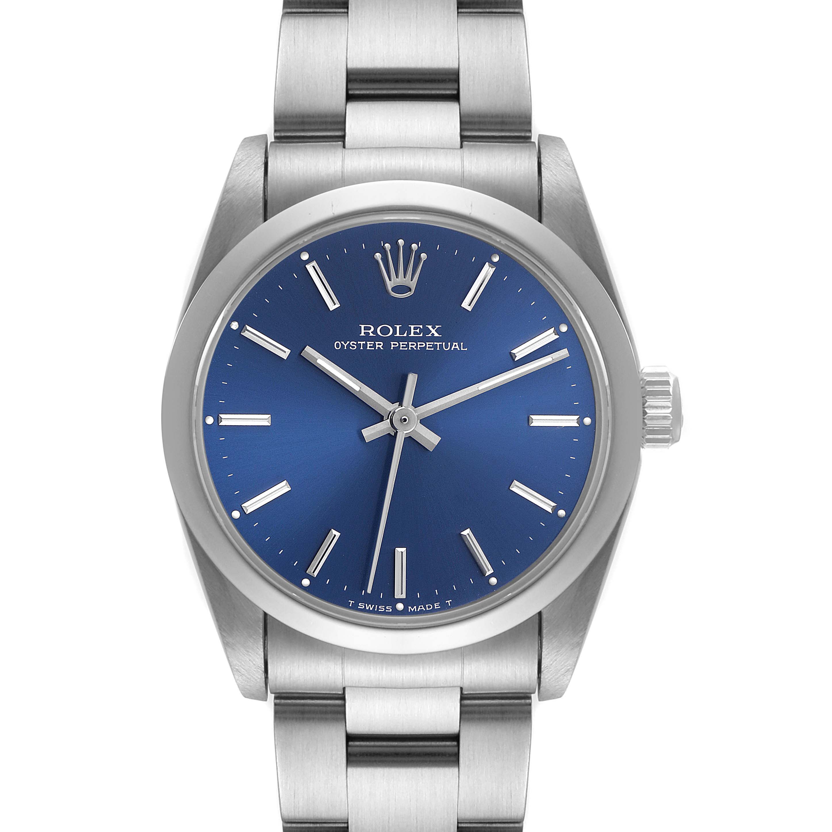 The image shows a front view of a Rolex Oyster Perpetual Mid-Size watch, featuring a blue dial and silver bracelet.