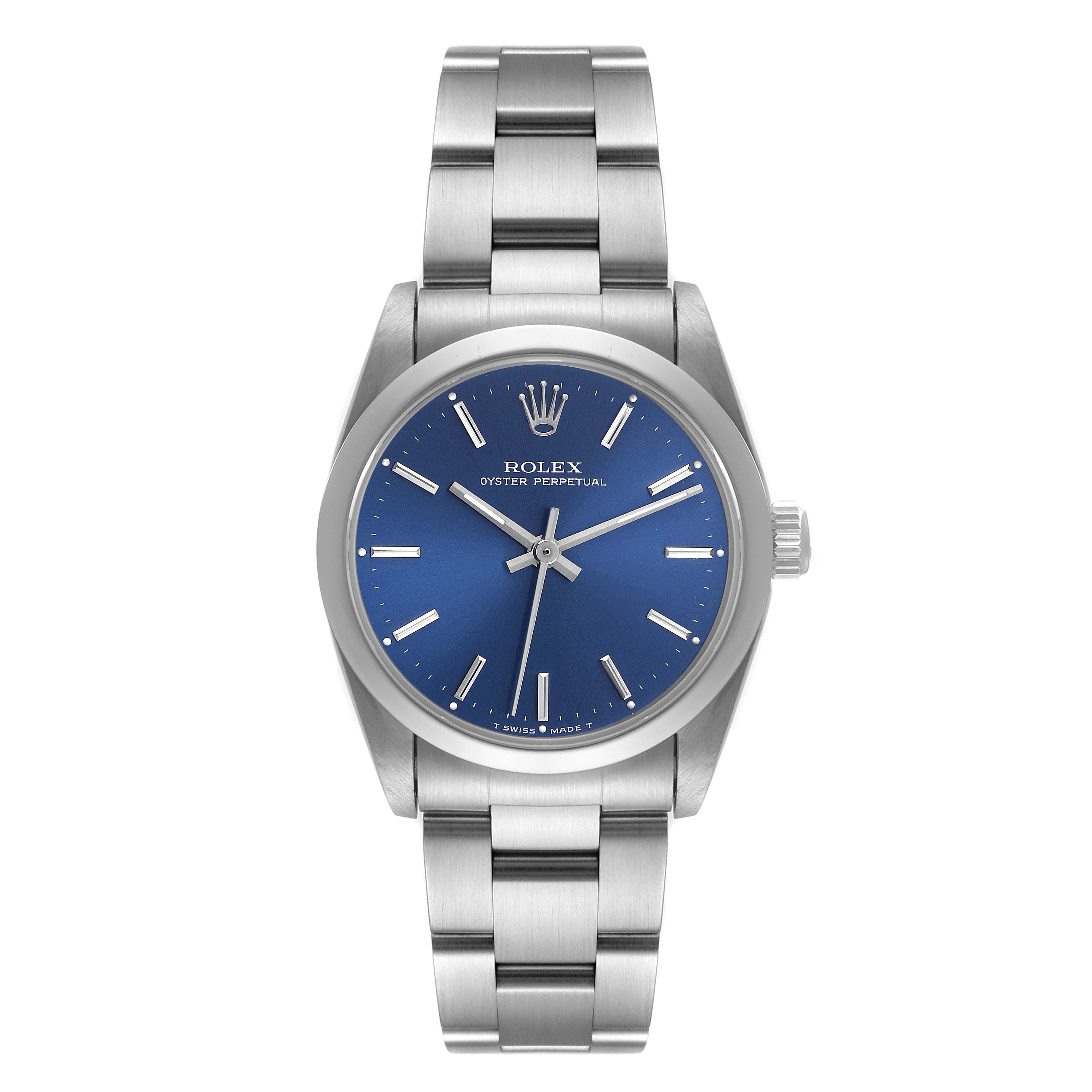 The Rolex Mid-Size 67480 Women's Stainless Steel Blue Dial 67480 Women's Stainless Steel Blue Dial Oyster Perpetual watch is shown from a front angle, displaying its blue dial and stainless steel bracelet.