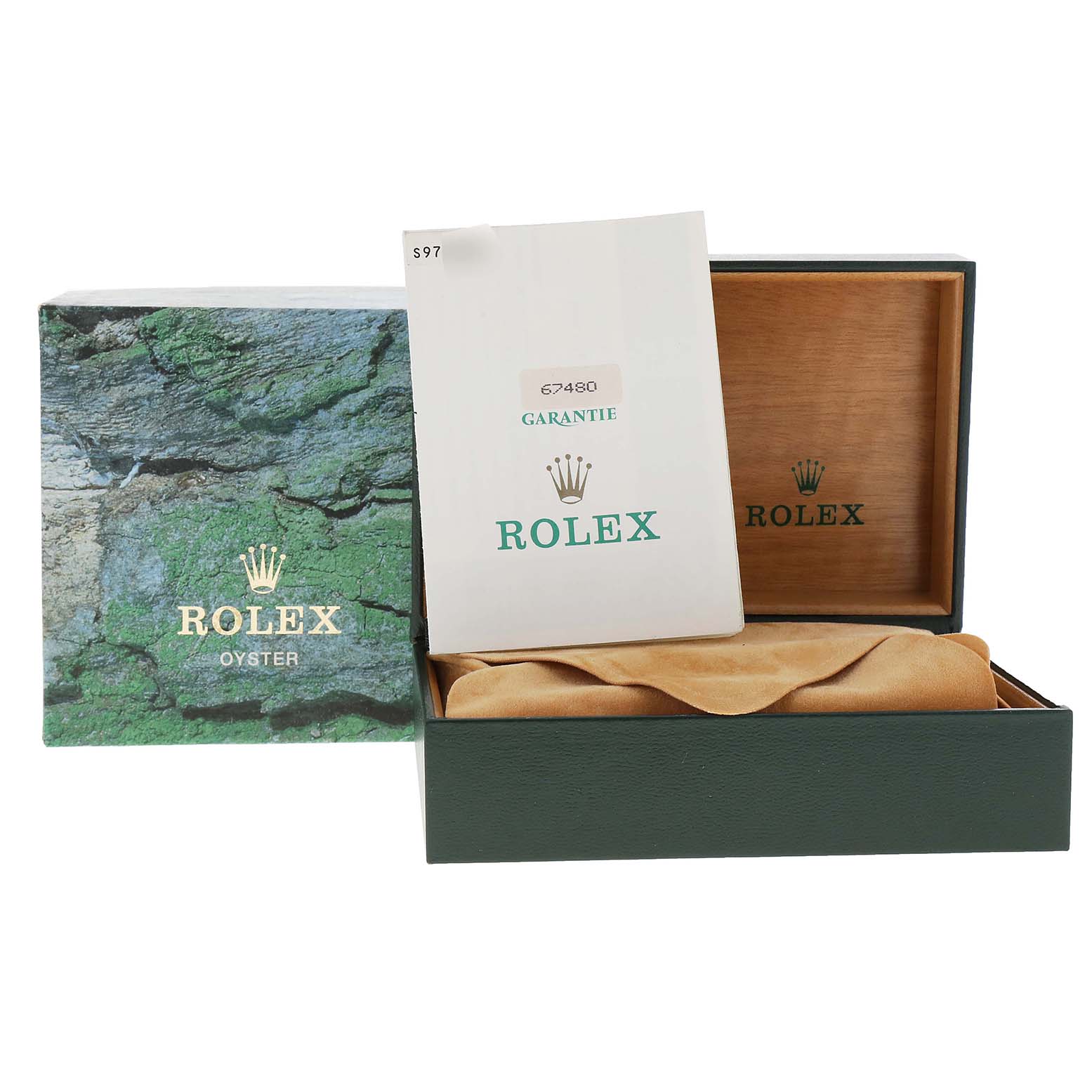 The image shows a Rolex Mid-Size 67480 Women's Stainless Steel Blue Dial 67480 Women's Stainless Steel Blue Dial model box, warranty booklet, and a watch pouch from a frontal angle.