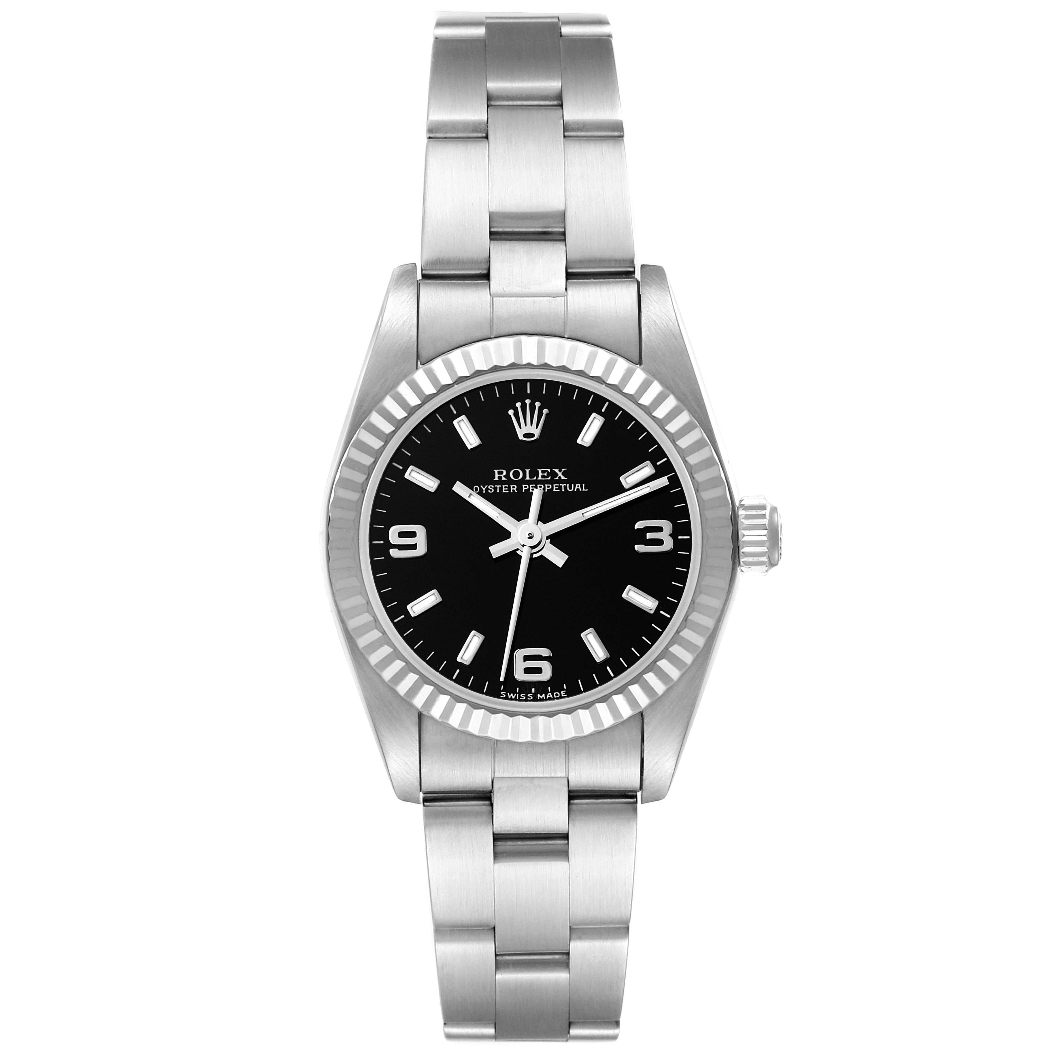 This image shows a front view of the Rolex Oyster Perpetual M76094 Women's Stainless Steel Black Dial M76094 Women's Stainless Steel Black Dial watch, displaying its black dial, bezel, case, and bracelet.