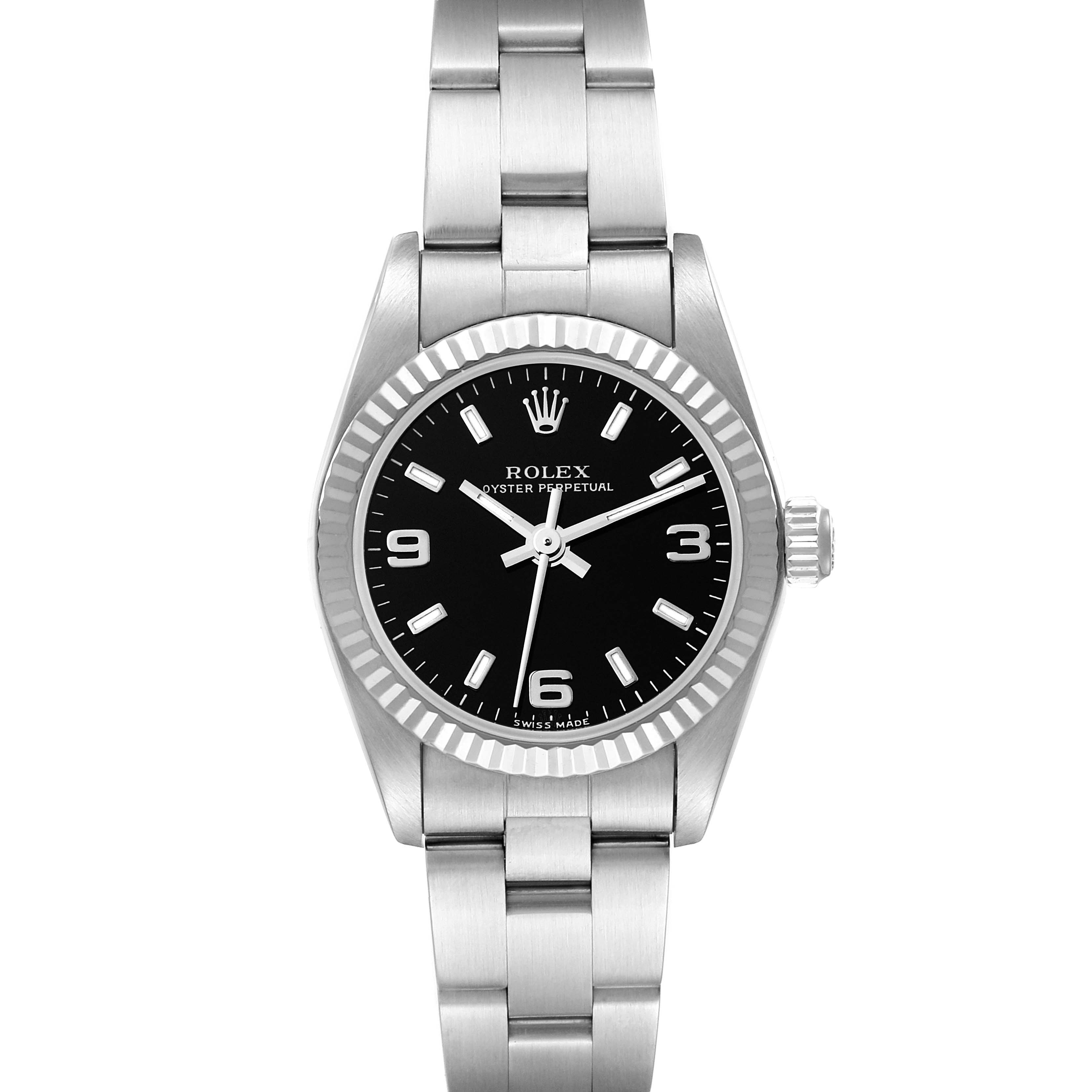This image shows a Rolex Oyster Perpetual M76094 Women's Stainless Steel Black Dial M76094 Women's Stainless Steel Black Dial watch from the front, displaying the face, bezel, case, and bracelet.