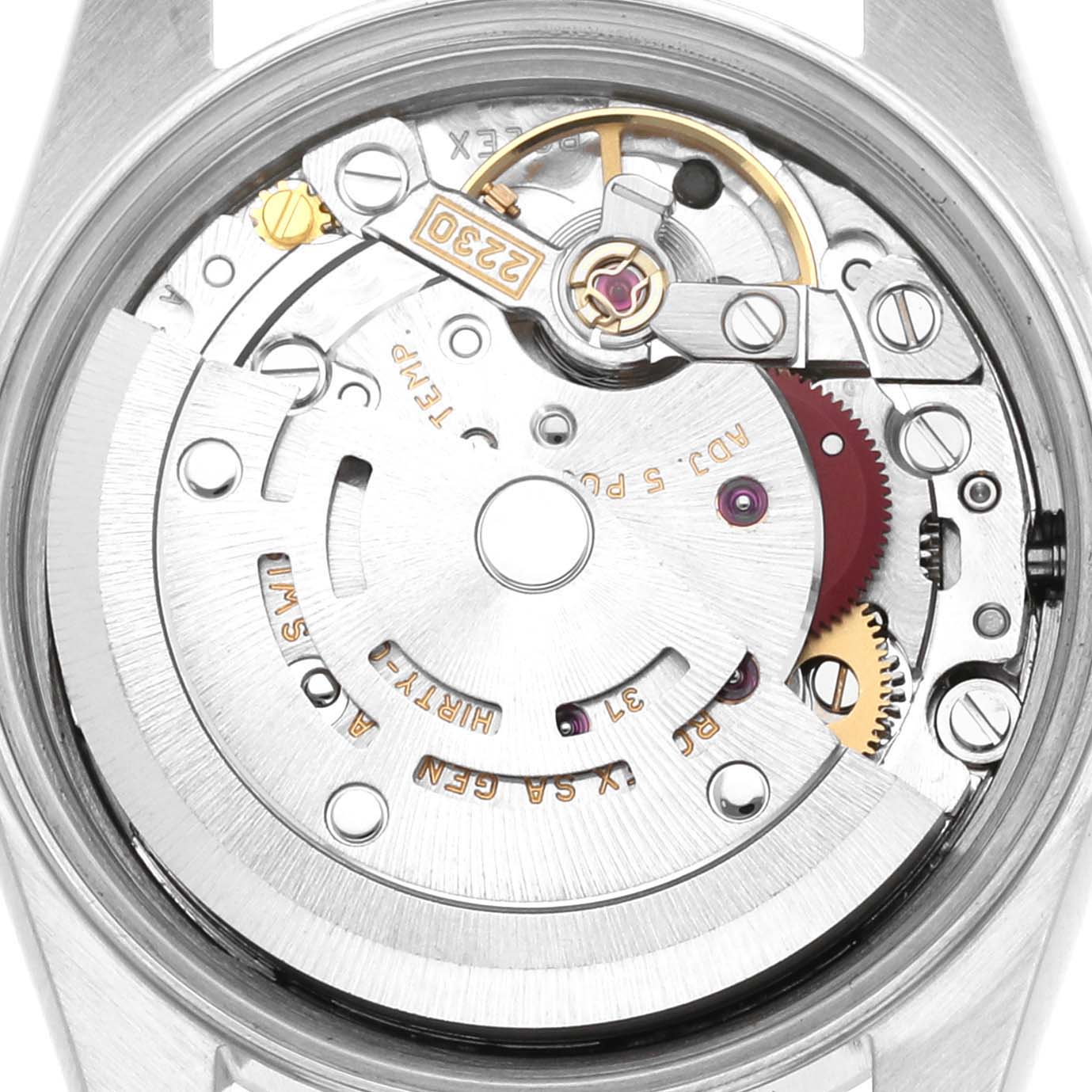 This image shows the internal mechanical movement of a Rolex Oyster Perpetual M76094 Women's Stainless Steel Black Dial M76094 Women's Stainless Steel Black Dial watch from a top-down angle.