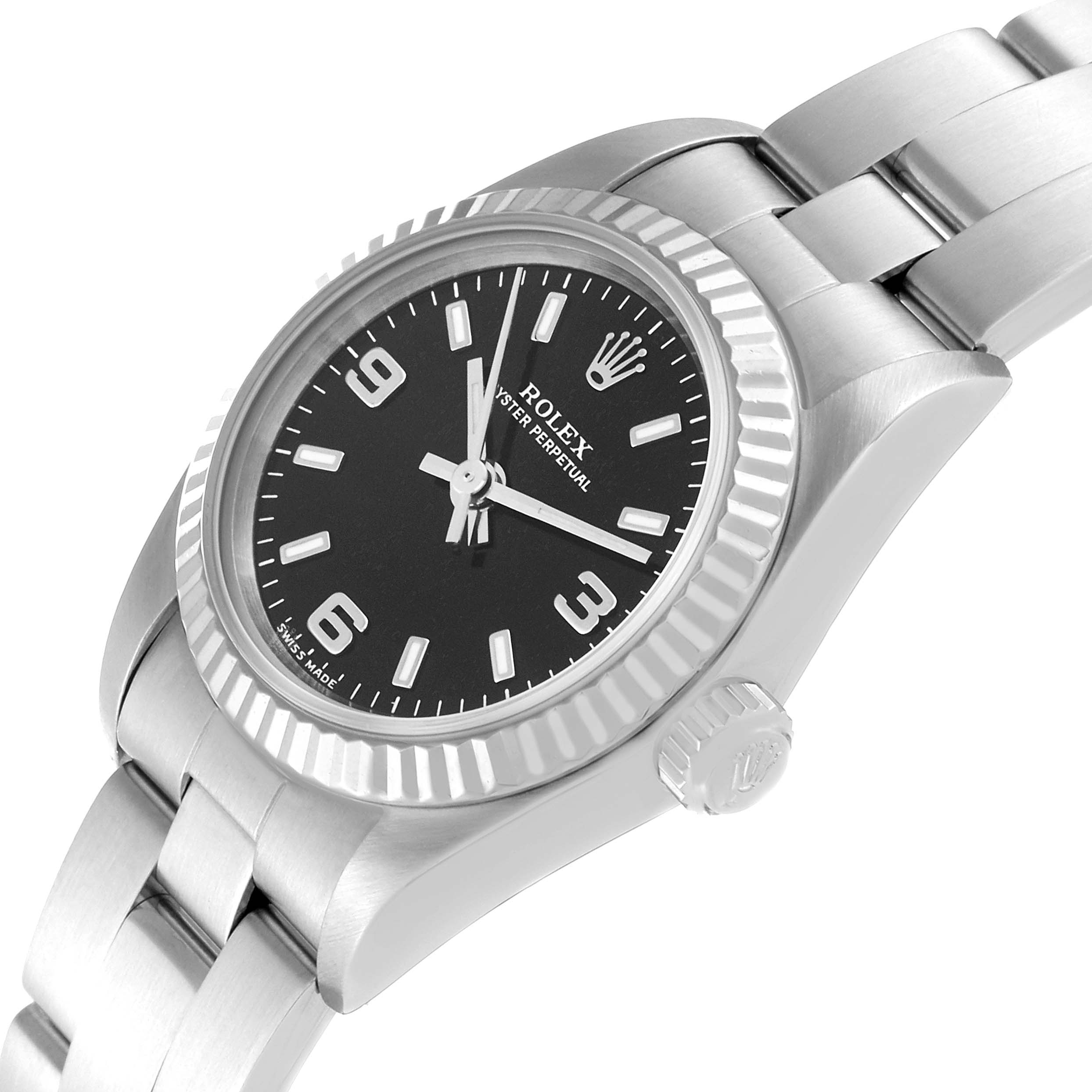 The image shows a side angle of a Rolex Oyster Perpetual M76094 Women's Stainless Steel Black Dial M76094 Women's Stainless Steel Black Dial watch, highlighting the case, bezel, crown, and part of the bracelet.