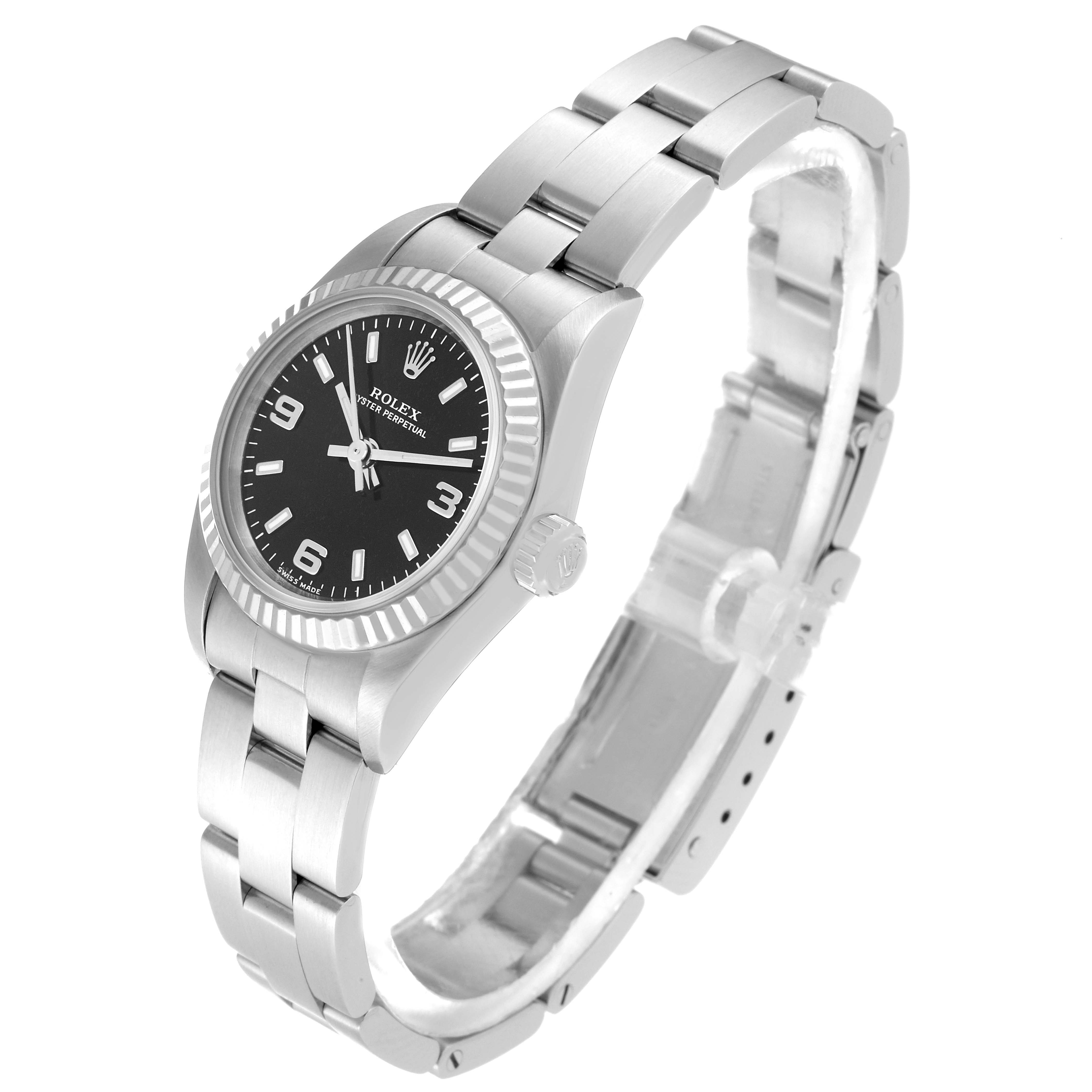 The image shows a Rolex Oyster Perpetual M76094 Women's Stainless Steel Black Dial M76094 Women's Stainless Steel Black Dial watch at a three-quarter angle highlighting the dial, bezel, crown, and bracelet.