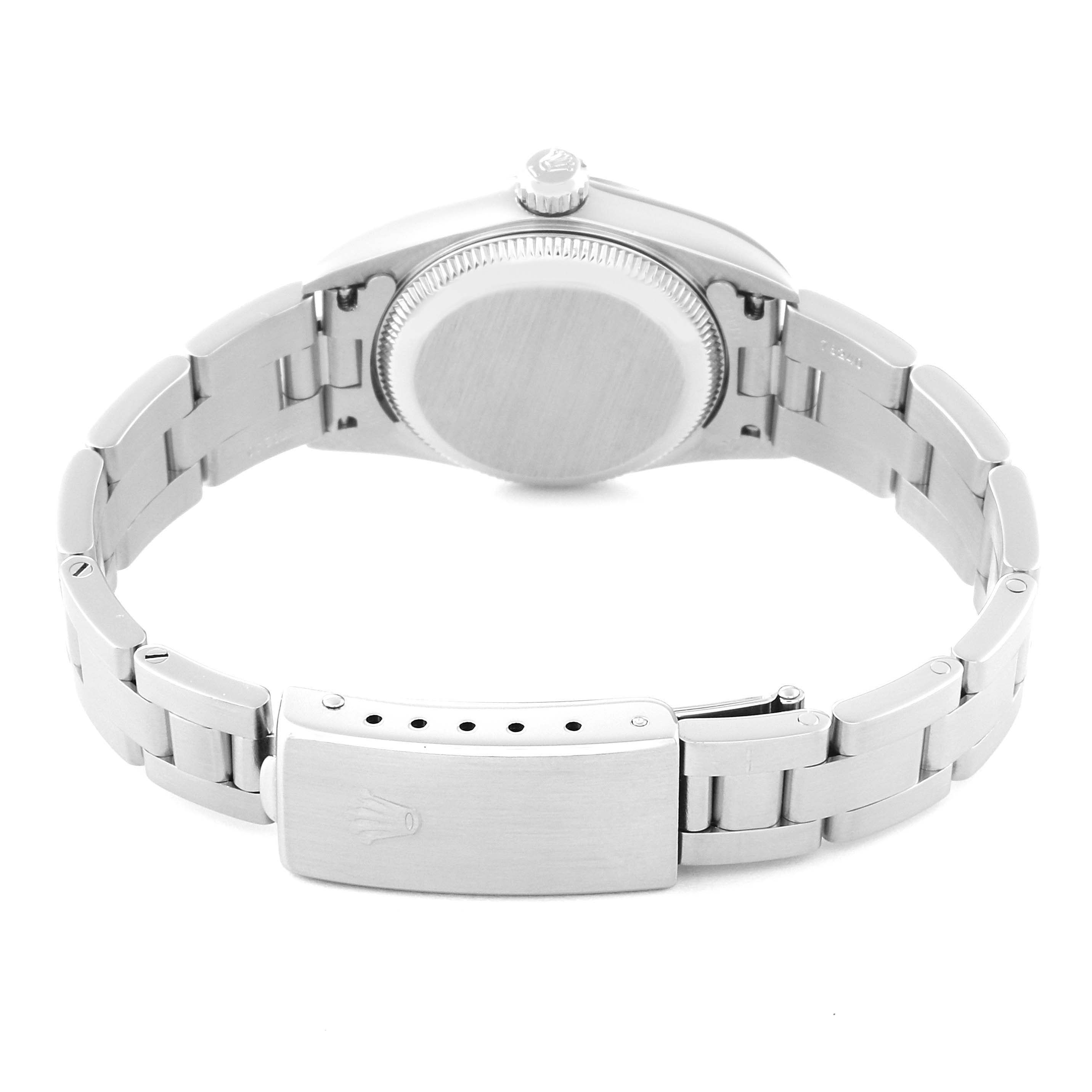 This image shows the backside of the Rolex Oyster Perpetual M76094 Women's Stainless Steel Black Dial M76094 Women's Stainless Steel Black Dial, focusing on the clasp and case back.