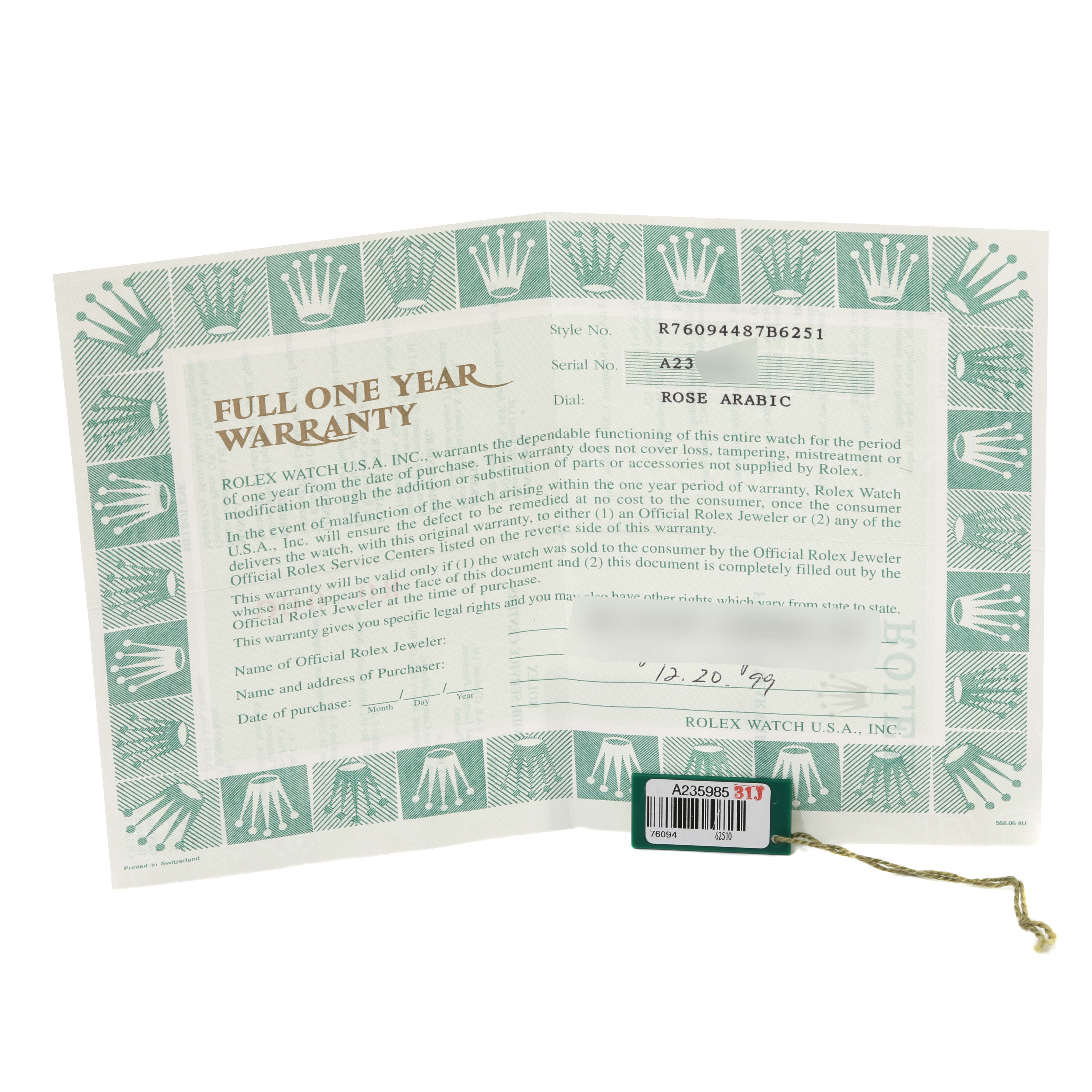 The image shows the warranty card and tag for a Rolex Oyster Perpetual 76094 Women's Stainless Steel Pink Dial 76094 Women's Stainless Steel Pink Dial watch.