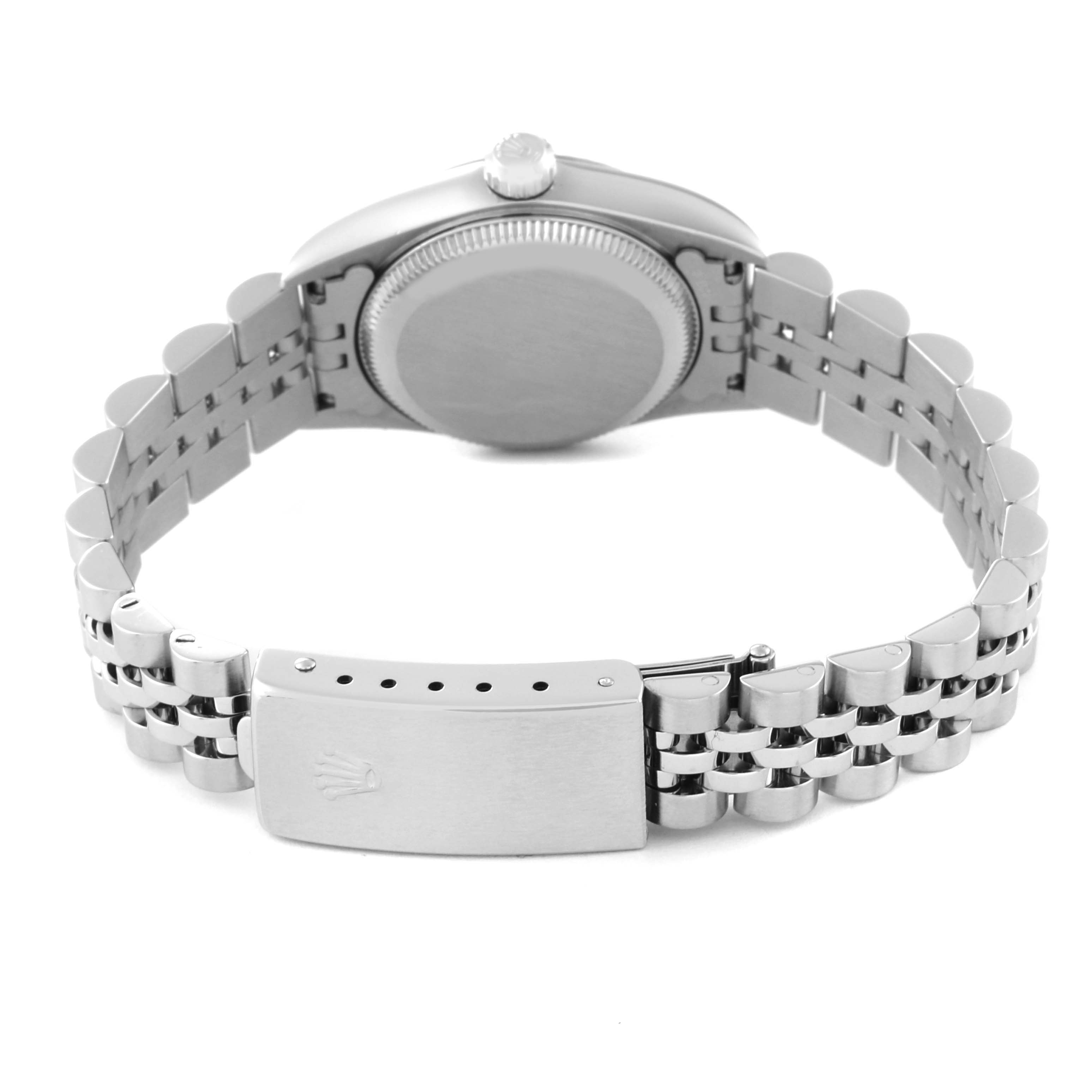 The image shows the back view of a Rolex Oyster Perpetual 76094 Women's Stainless Steel Pink Dial 76094 Women's Stainless Steel Pink Dial watch, highlighting the bracelet and clasp.