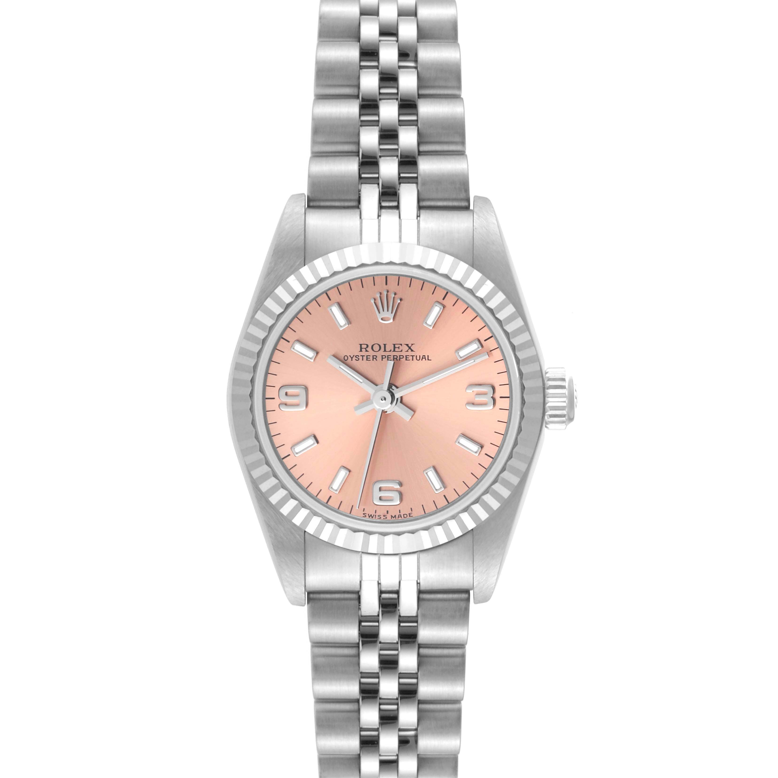The Rolex Oyster Perpetual 76094 Women's Stainless Steel Pink Dial 76094 Women's Stainless Steel Pink Dial watch is shown in a front view, highlighting its pink dial, silver bracelet, and fluted bezel.