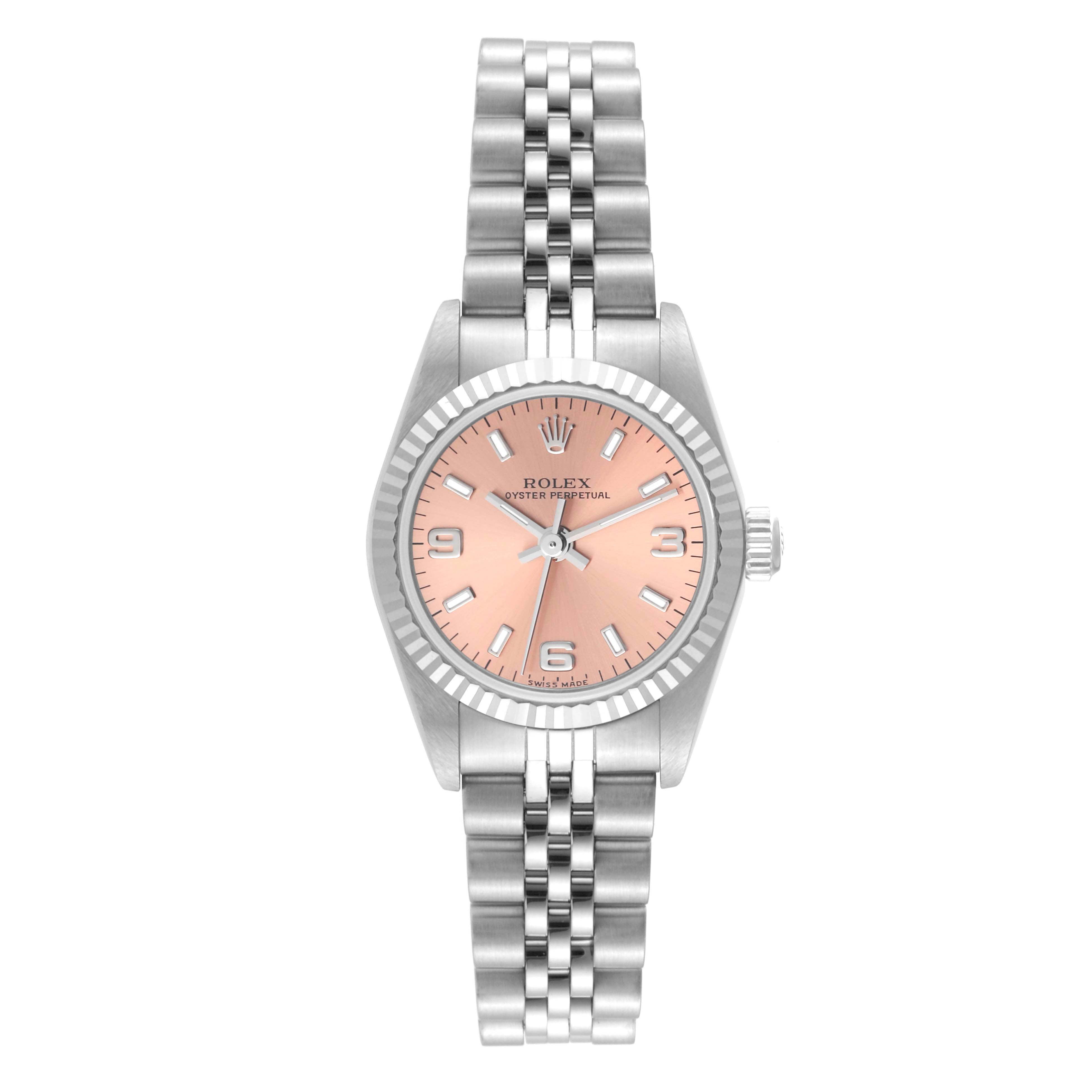 This image shows a front-facing view of a Rolex Oyster Perpetual 76094 Women's Stainless Steel Pink Dial 76094 Women's Stainless Steel Pink Dial watch with a pink dial and silver bracelet.