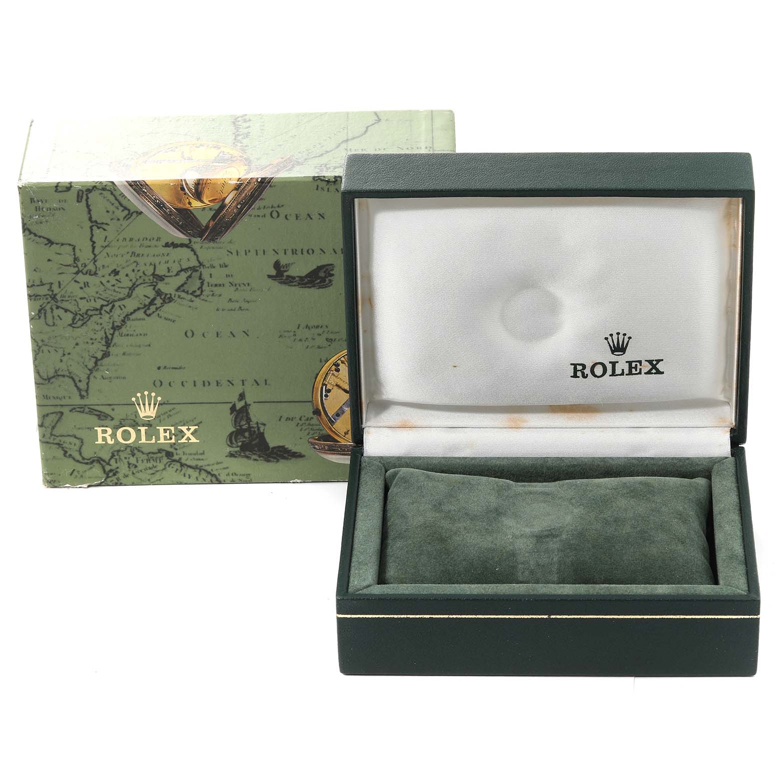 The image shows an empty Rolex Oyster Perpetual 76193 Women's Steel and Gold (two tone) Silver Dial 76193 Women's Steel and Gold (two tone) Silver Dial watch box from a front angle, alongside its decorated outer packaging.